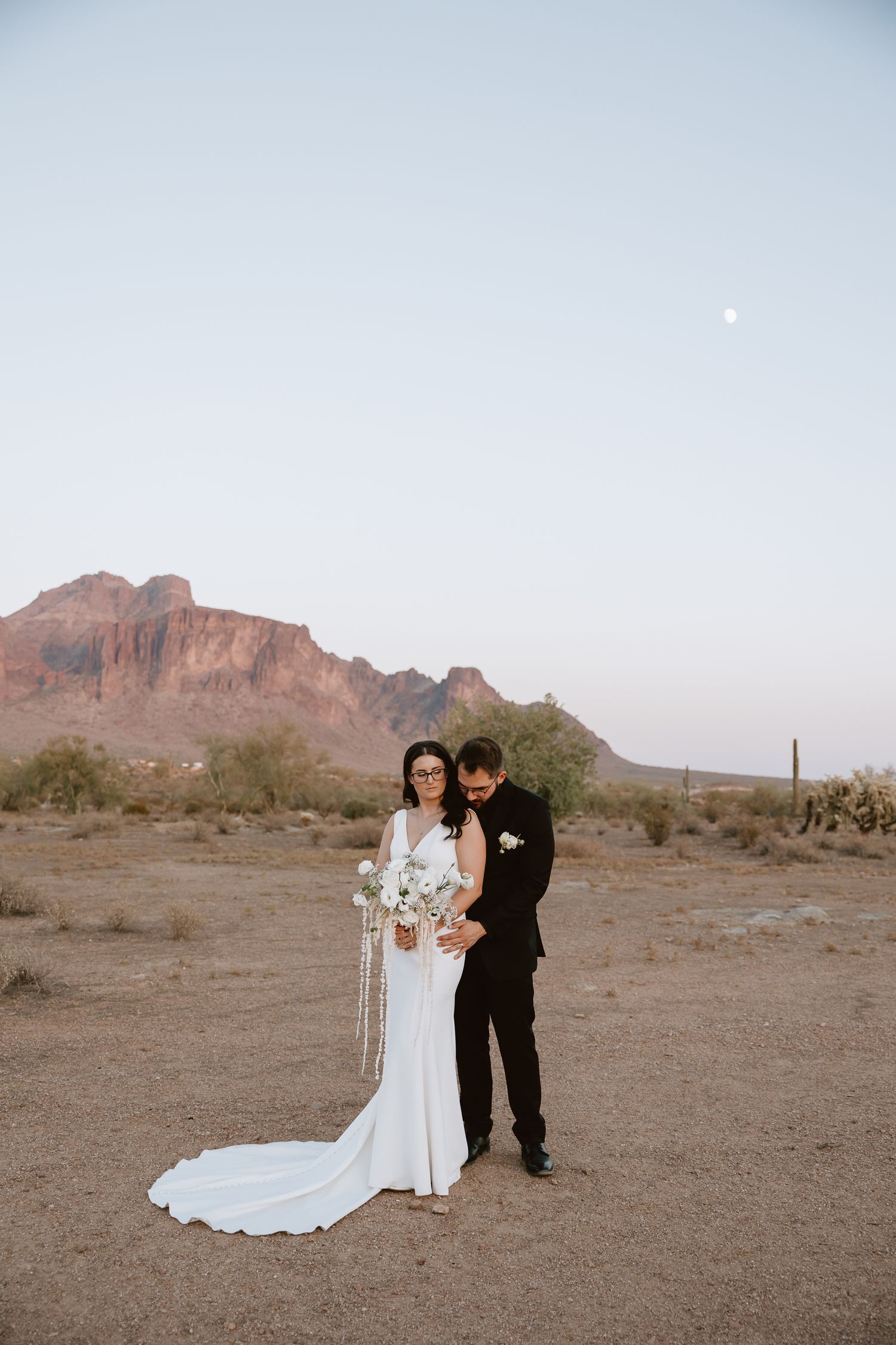 Bride and groom during golden hour at Arizona desert wedding