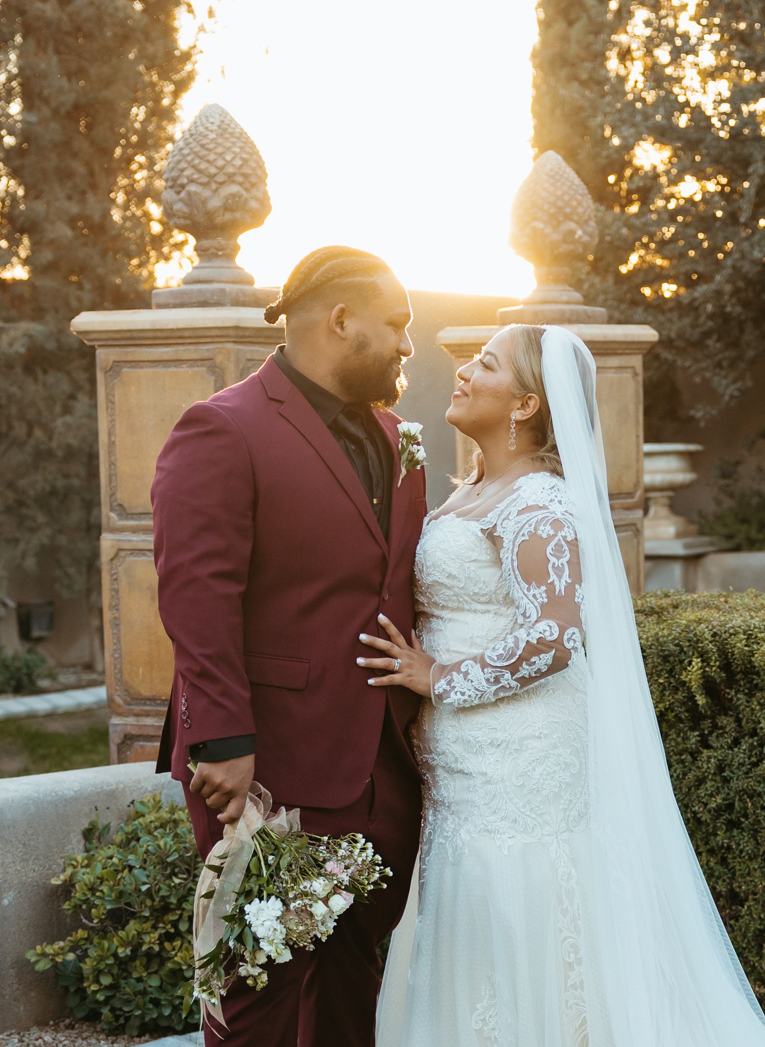 Bride and groom during golden hour at Arizona romantic wedding