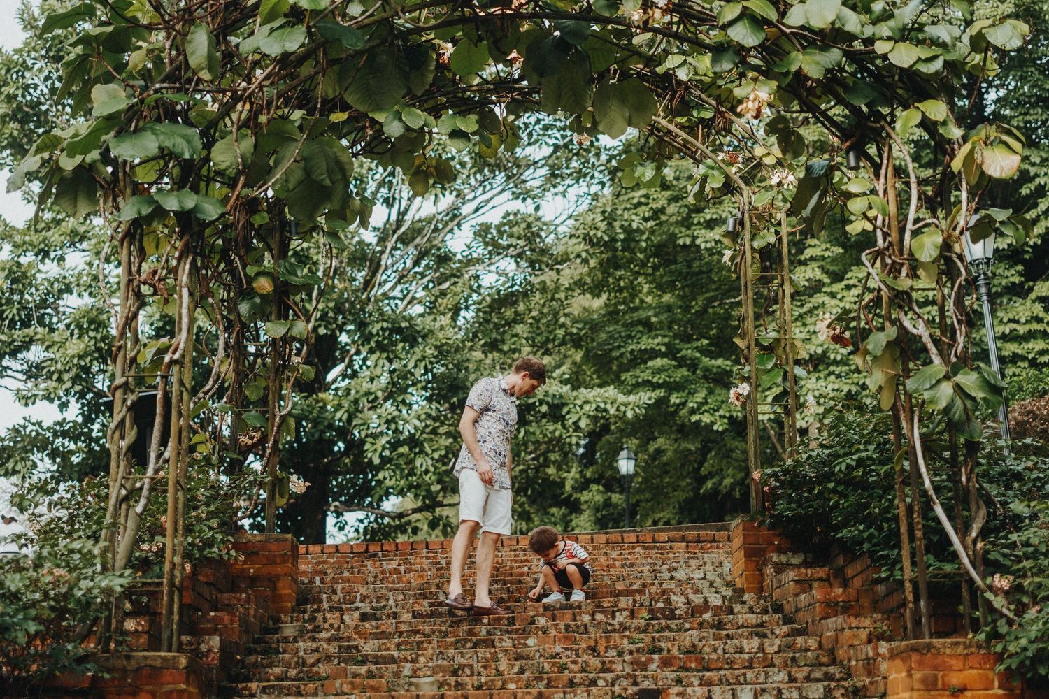 Person standing on brick steps under lush green garden archway.