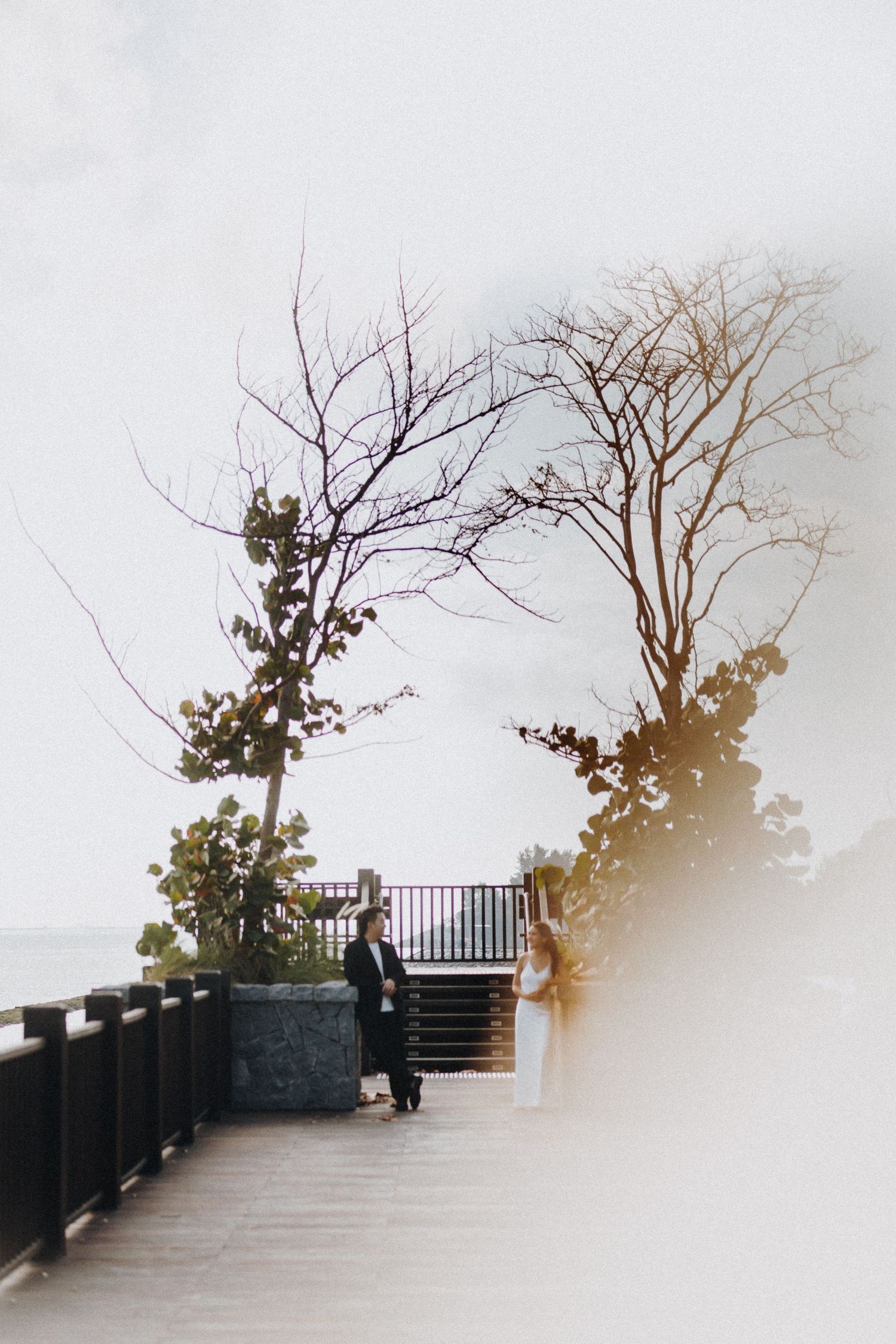 A scenic boardwalk with metal railings leading to a viewing platform among bare trees.