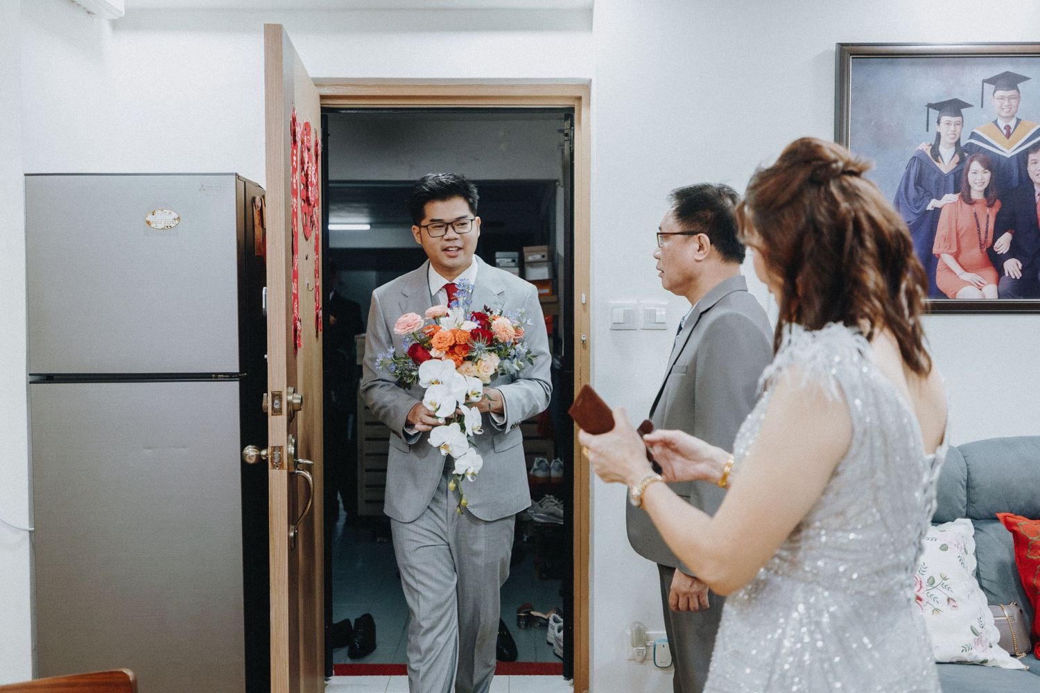 A series of wedding day moments showing preparations and details in a bright indoor setting.