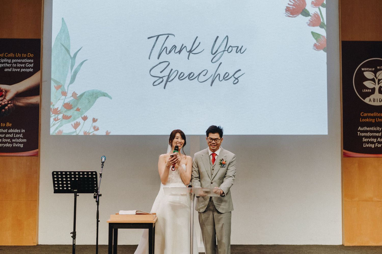 Wedding reception presentation screen displays 'Thank You' message in elegant script font.