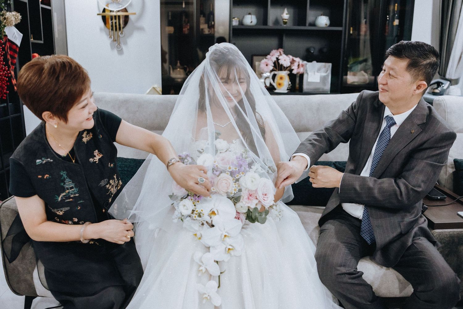 A romantic wedding photo collage showing candid moments between newlyweds and guests during the celebration.