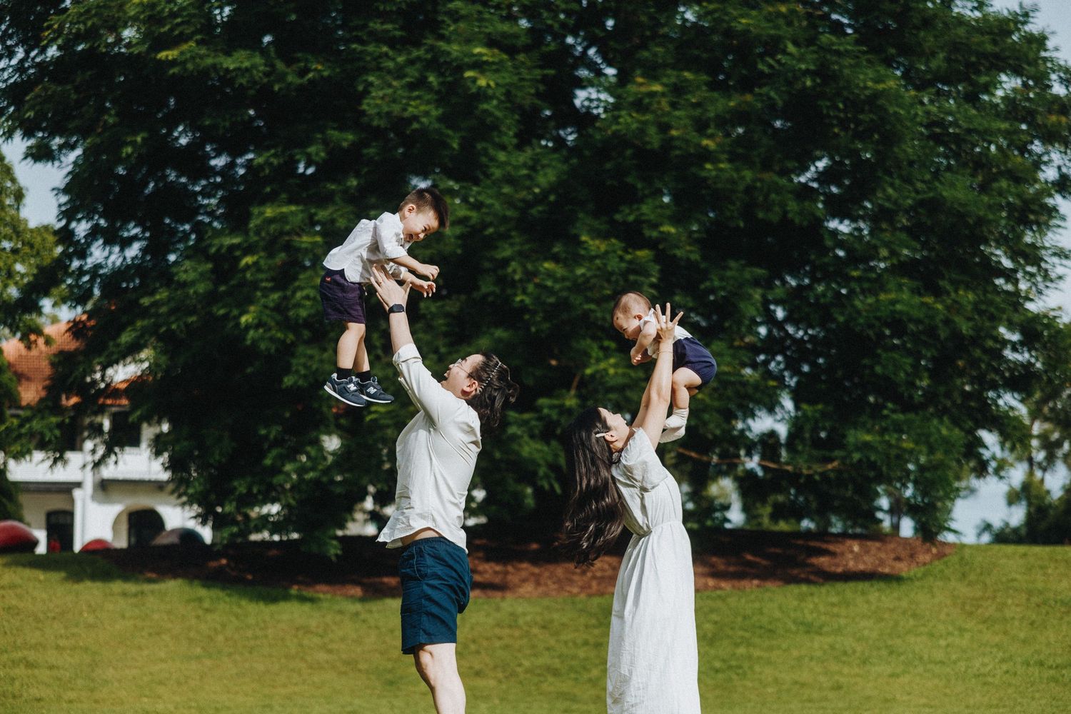 Family enjoying a playful moment together on a grassy lawn with a large tree in the background.