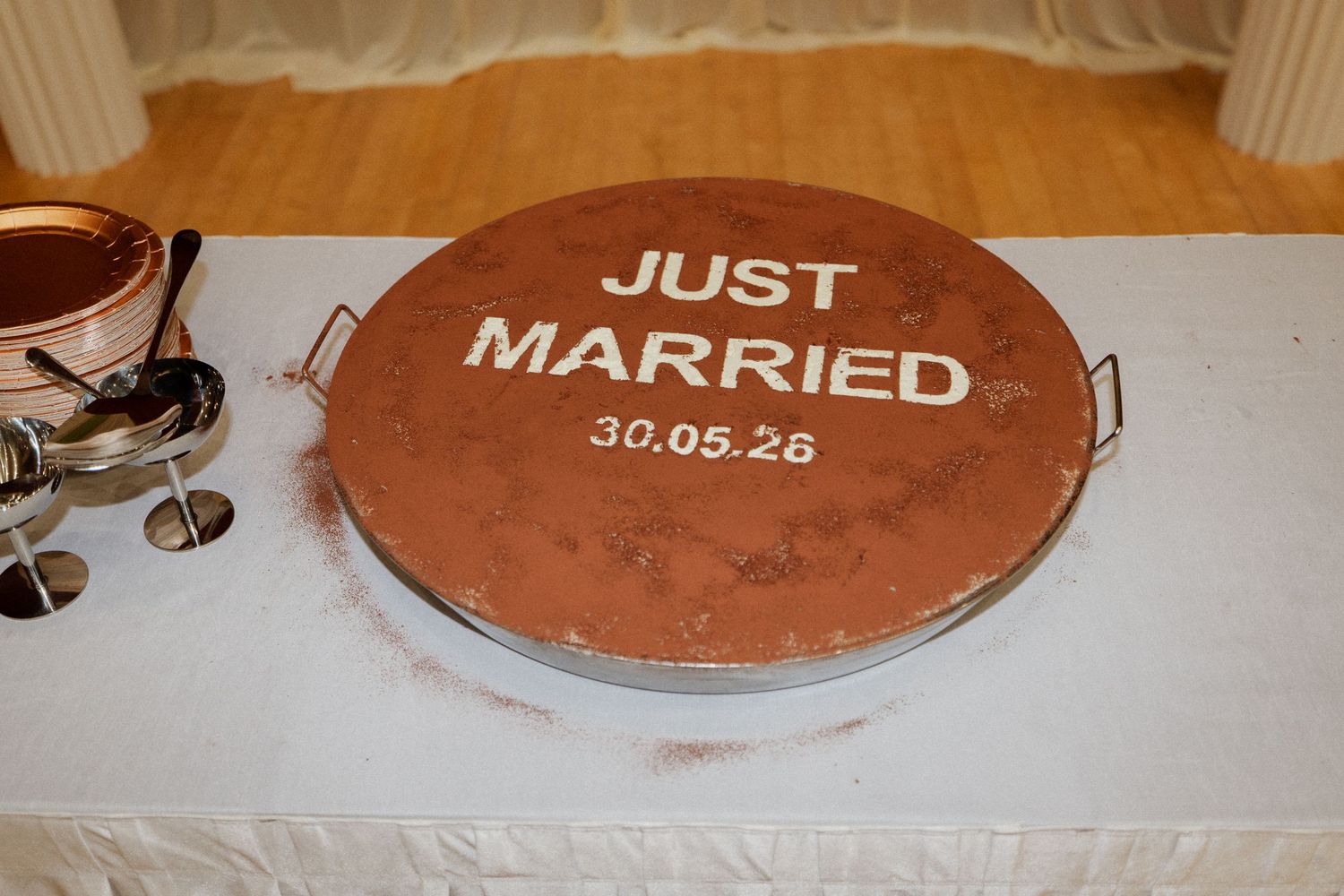 Round pizza tray engraved with Just Married 30.05.26 wedding date.