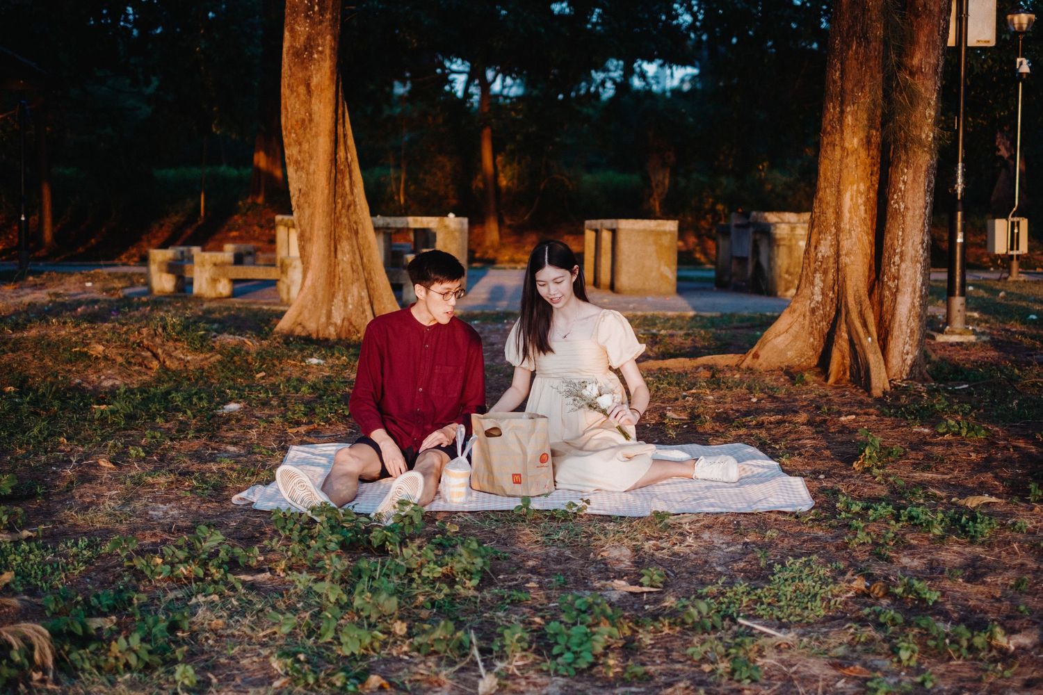 Two people share a cozy autumn picnic on a blanket beneath tall trees at dusk.