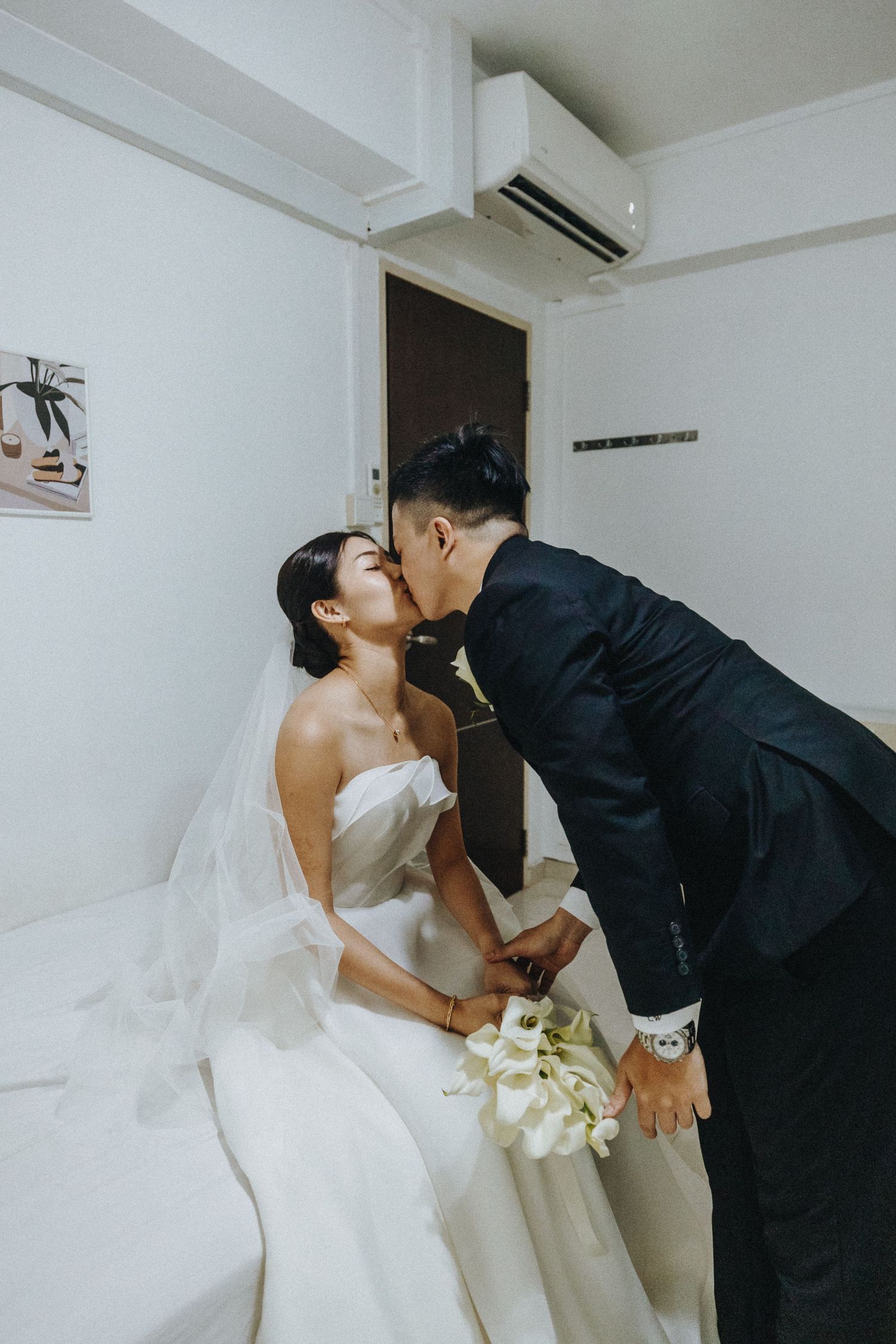 A sequence of wedding photos showing a couple in traditional formal attire sharing intimate moments.