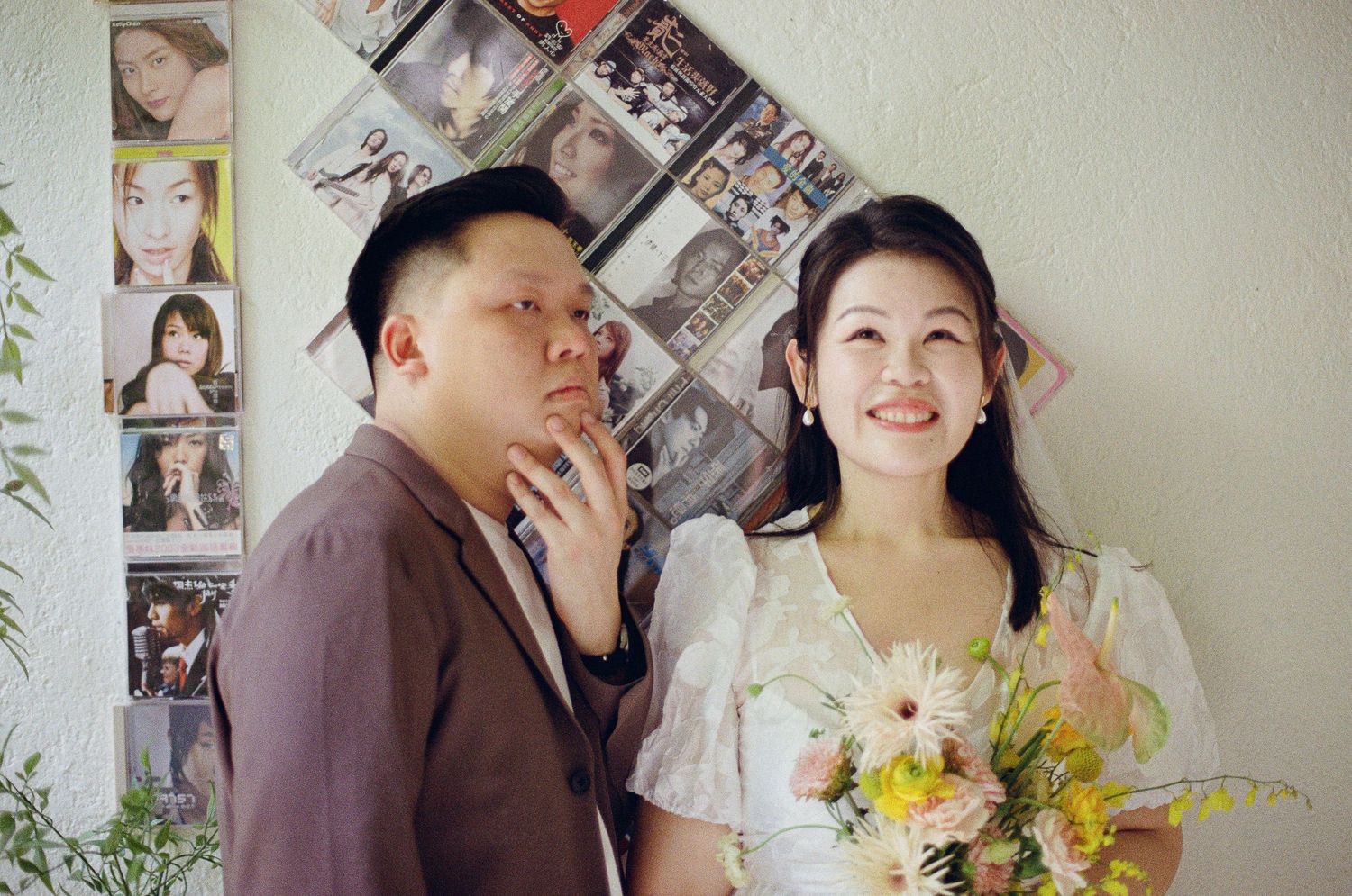 Collage of romantic wedding photography moments featuring couples and floral bouquets in natural light.