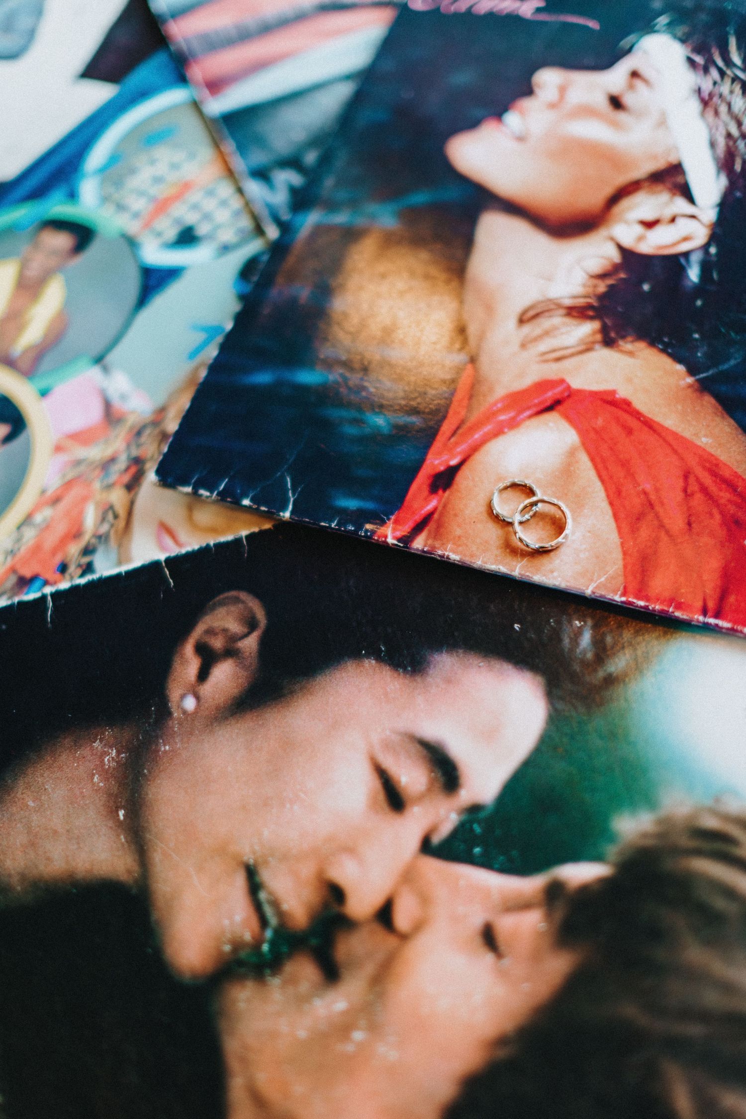 Collection of vintage photographs showing intimate moments and wedding rings.