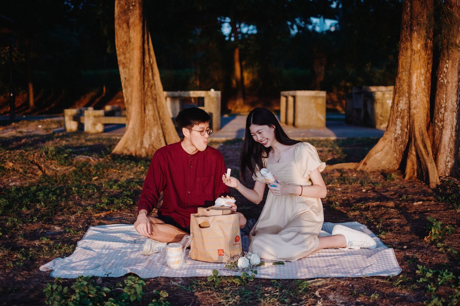 Romantic picnic setup with blanket and snacks beneath majestic trees at golden hour.