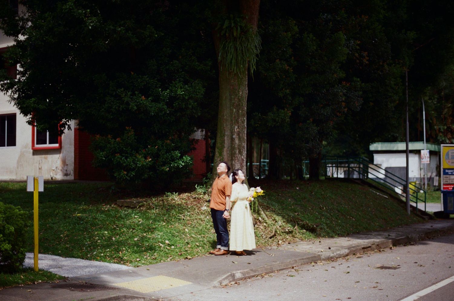 A romantic evening photo of a couple walking along a tree-lined path near a red building.