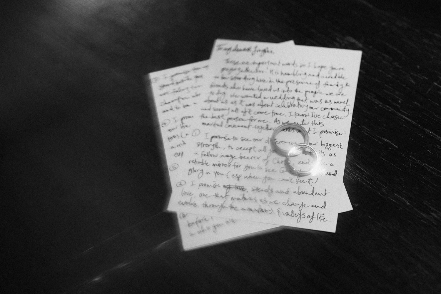 Handwritten notes on white paper against a dark background.