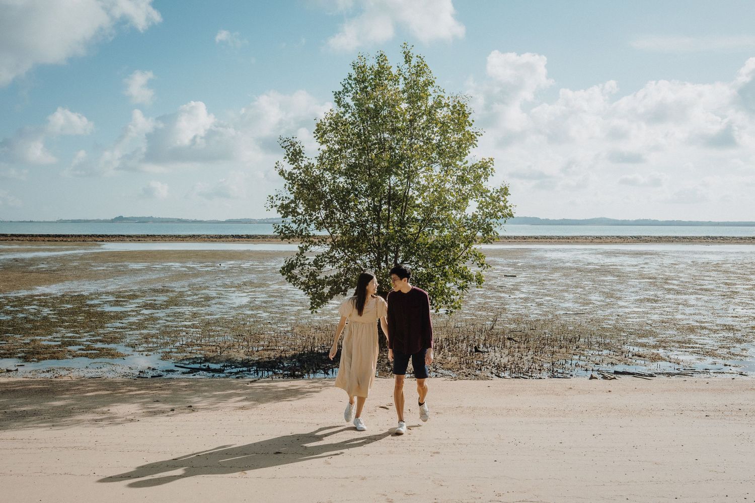 A couple stands together by a solitary tree on a beach with low tide and cloudy skies.