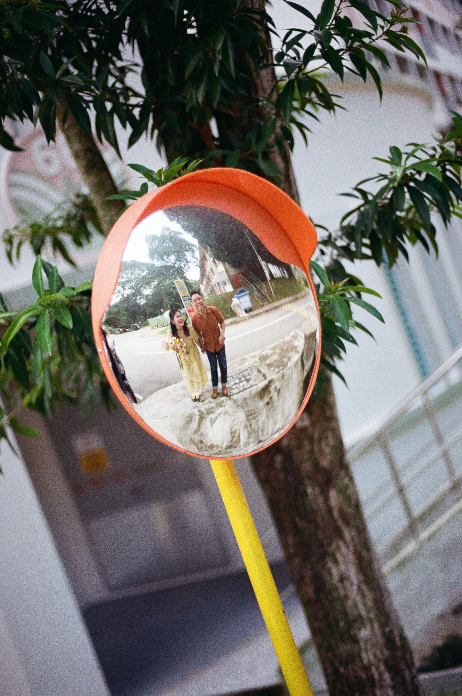 A convex safety mirror on a yellow pole reflects a couple standing on a path beneath trees.