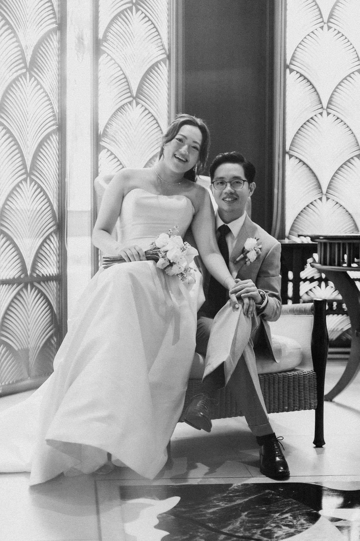 Playful wedding photo sequence showing couple laughing and posing against an art deco wall pattern.