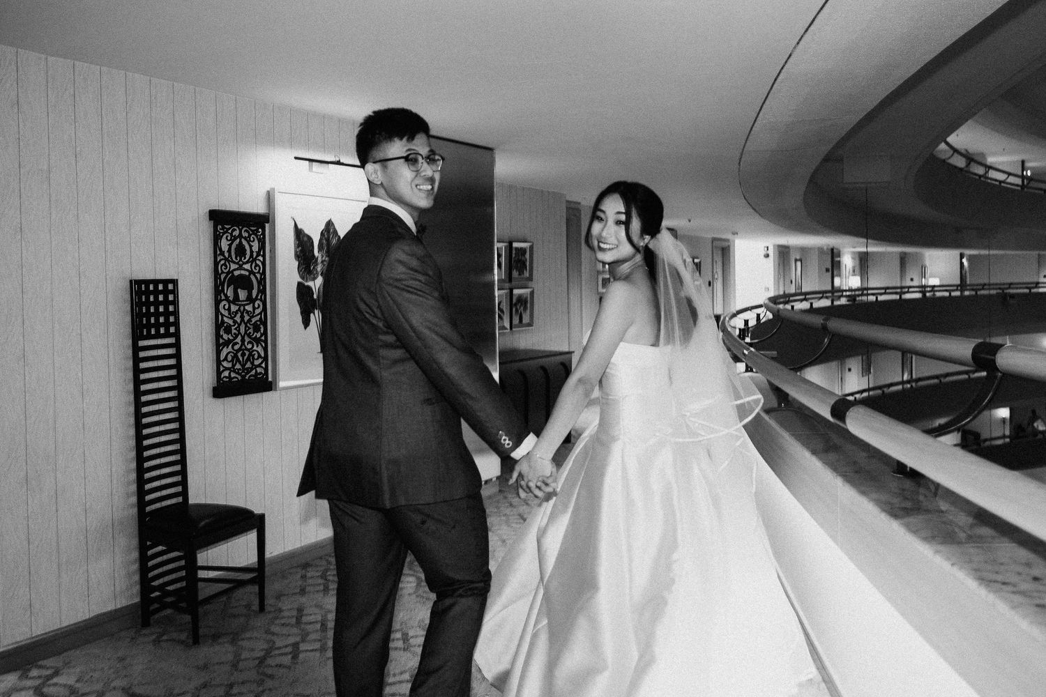 Multiple images showing a bride in a white dress walking through hotel corridors.