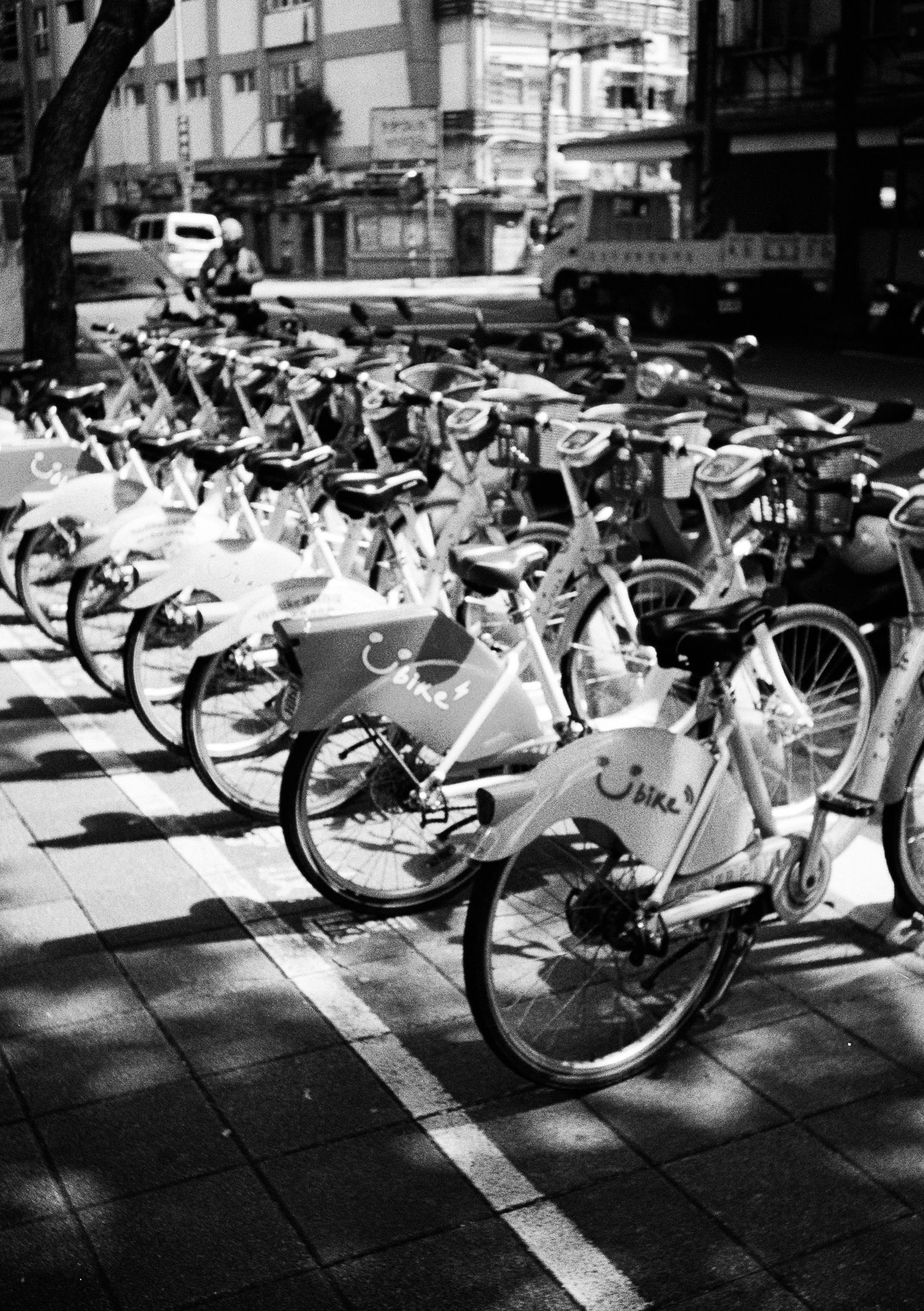 Row of white rental bikes parked in shadows on an urban sidewalk creating a repeating pattern.