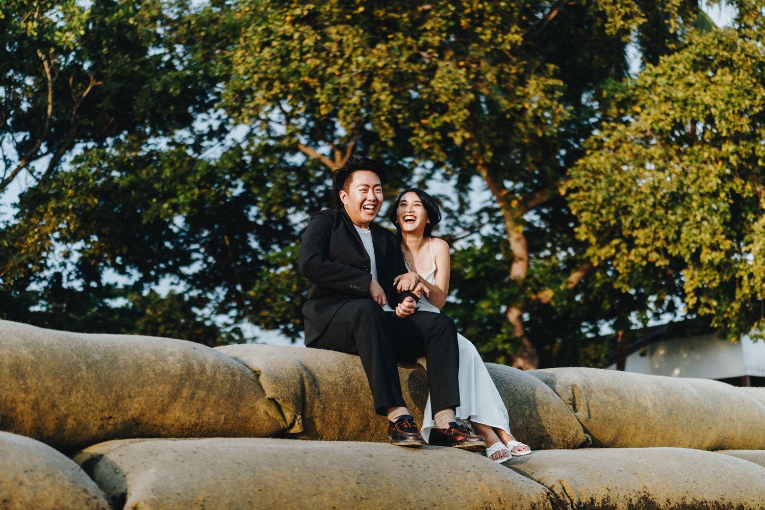 Smiling couple sharing a joyful moment under a large tree with yellow flowers.