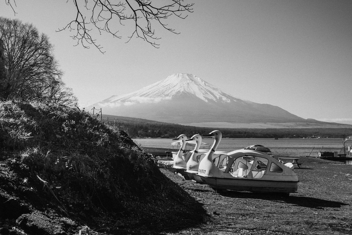 Mount Fuji viewed across a lake in dramatic black and white photography.