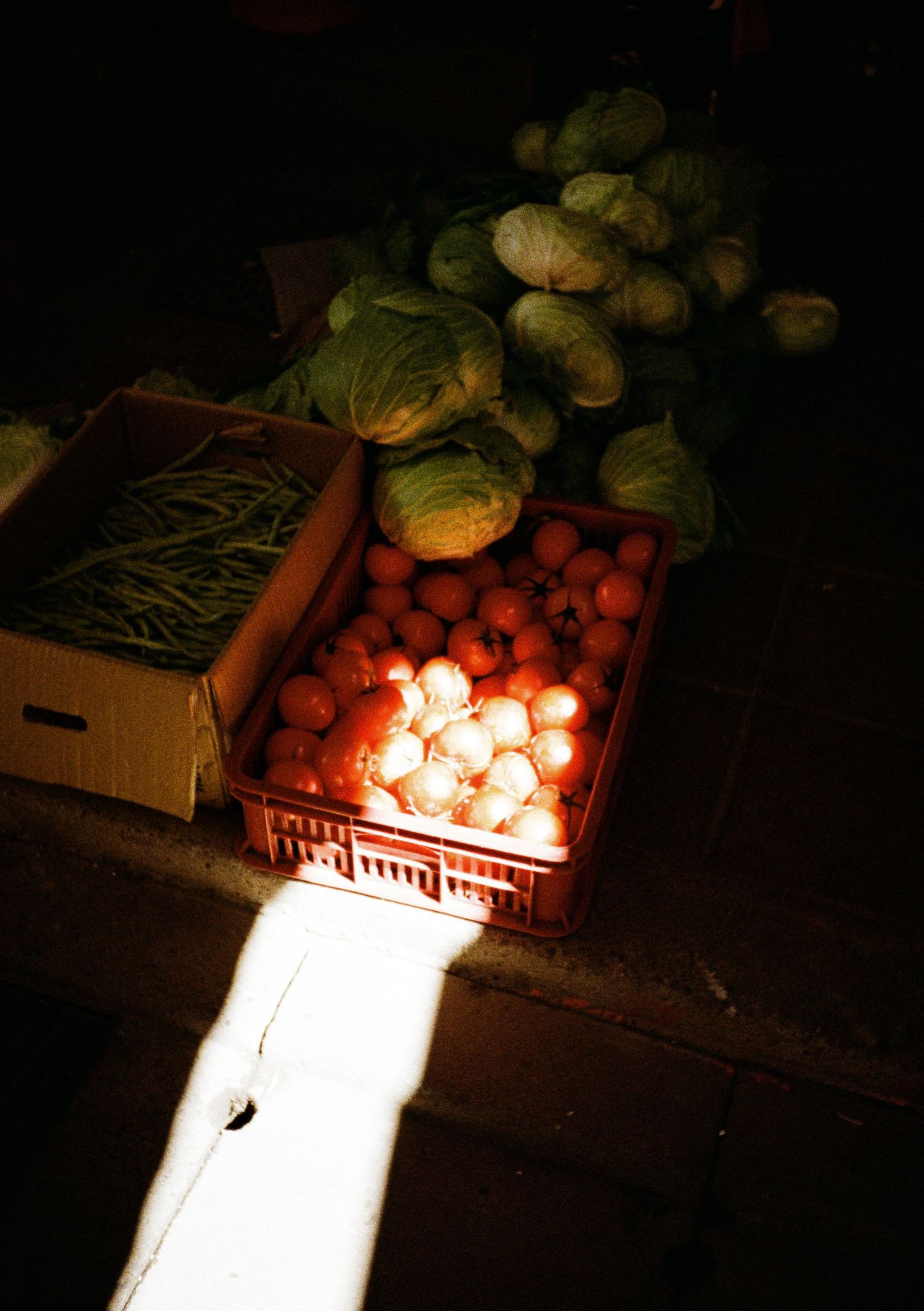 Produce crates illuminated by dramatic ray of sunlight in dark setting.