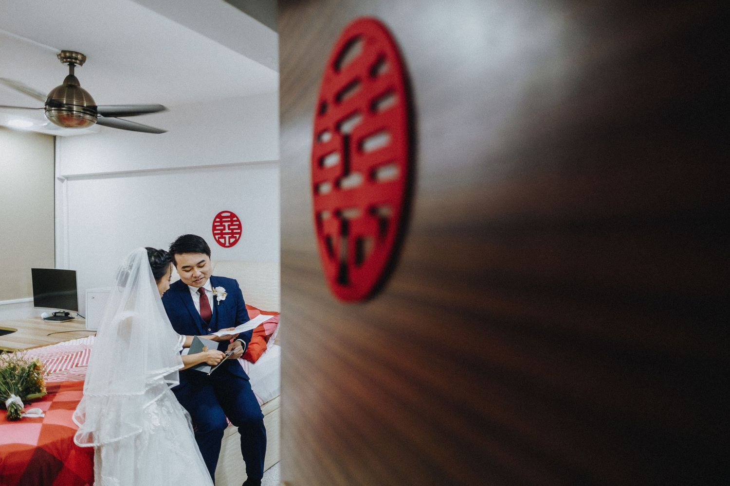 A classic wedding day scene captured at different emotional moments during a traditional Chinese tea ceremony celebration.