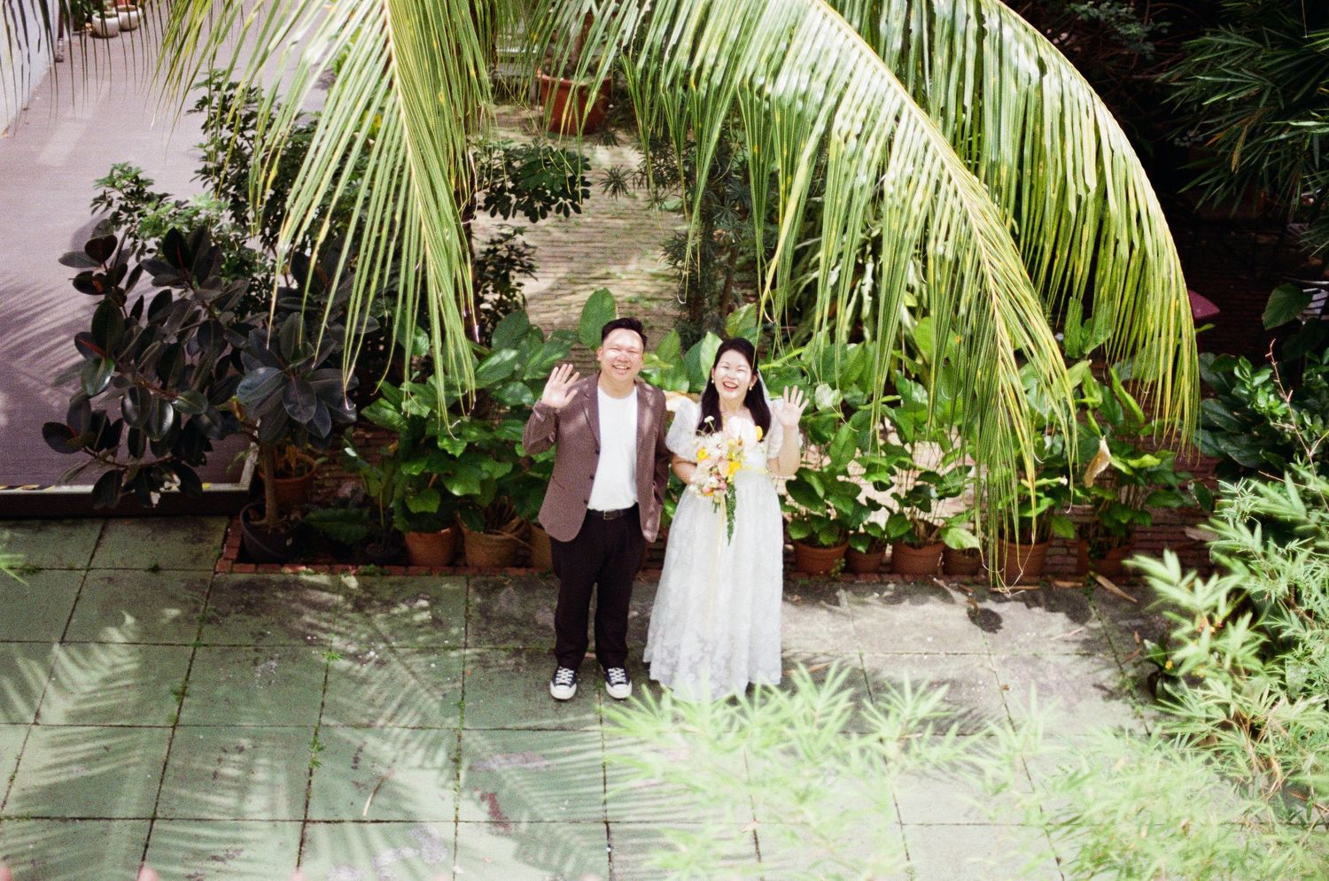 A wedding couple poses together in a lush tropical garden setting with palm trees and greenery.