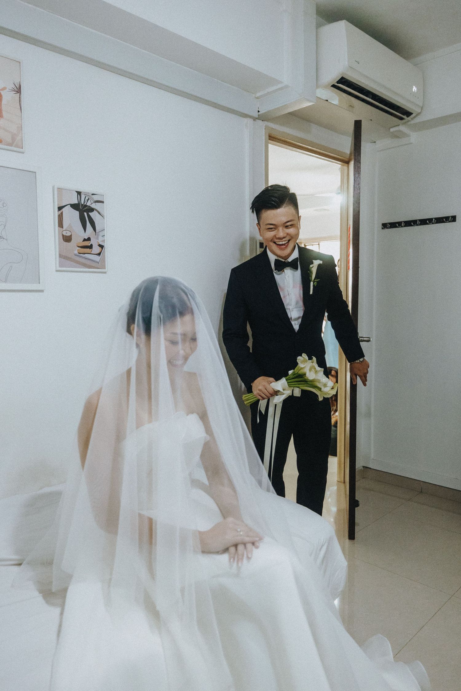 A sequence of candid wedding moments showing interactions between a bride in white dress and a groom in black tuxedo.