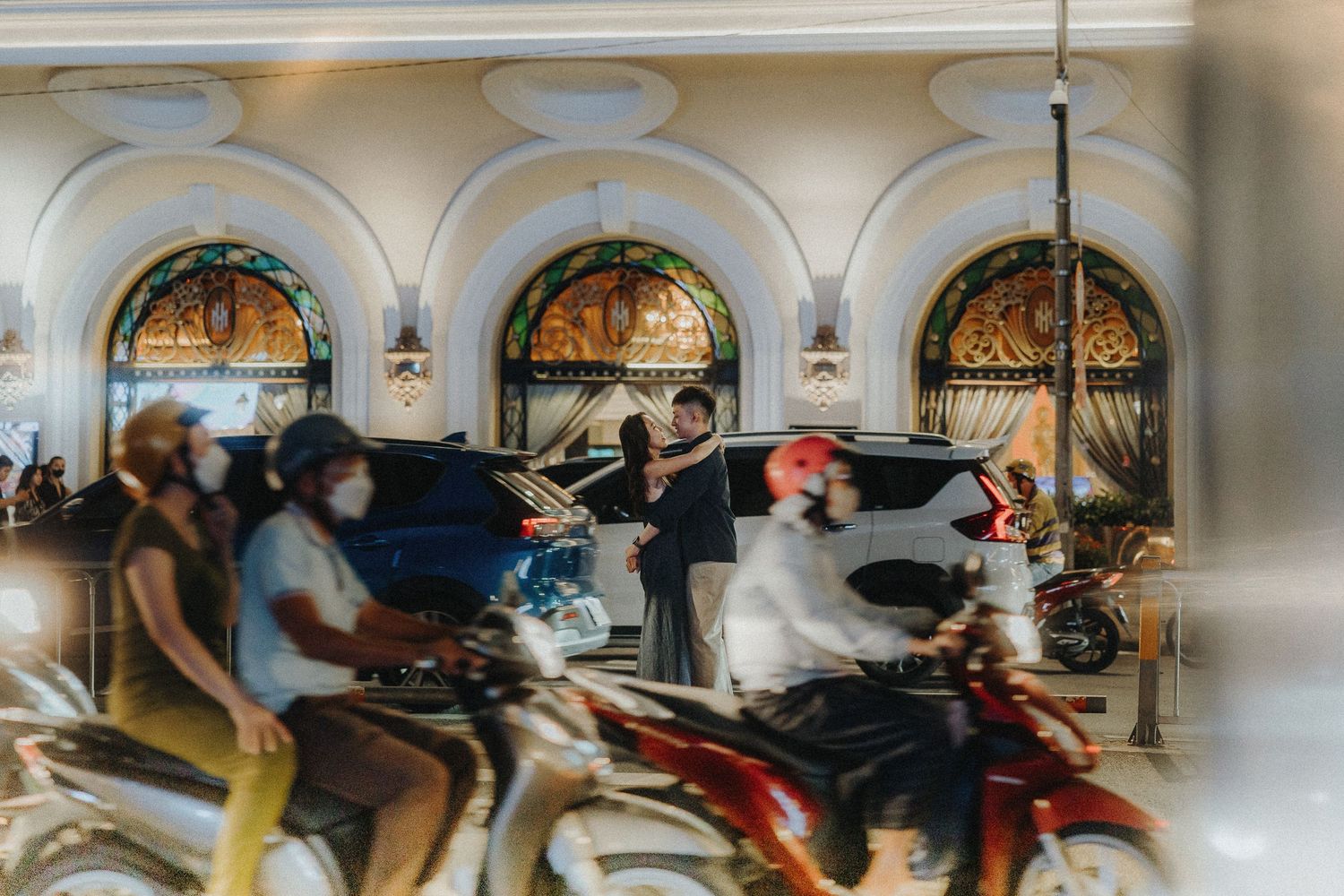 Blurred carousel panorama with stained glass windows and warm lighting creating nostalgic atmosphere.