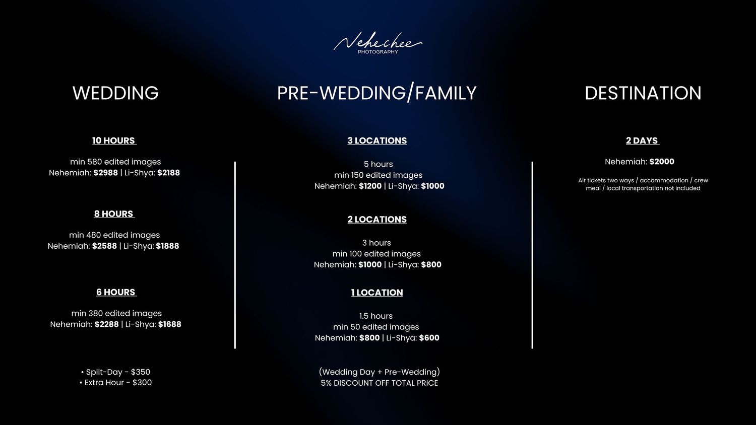 Nebicher Photography pricing guide showing wedding, pre-wedding/family, and destination photography packages with rates.