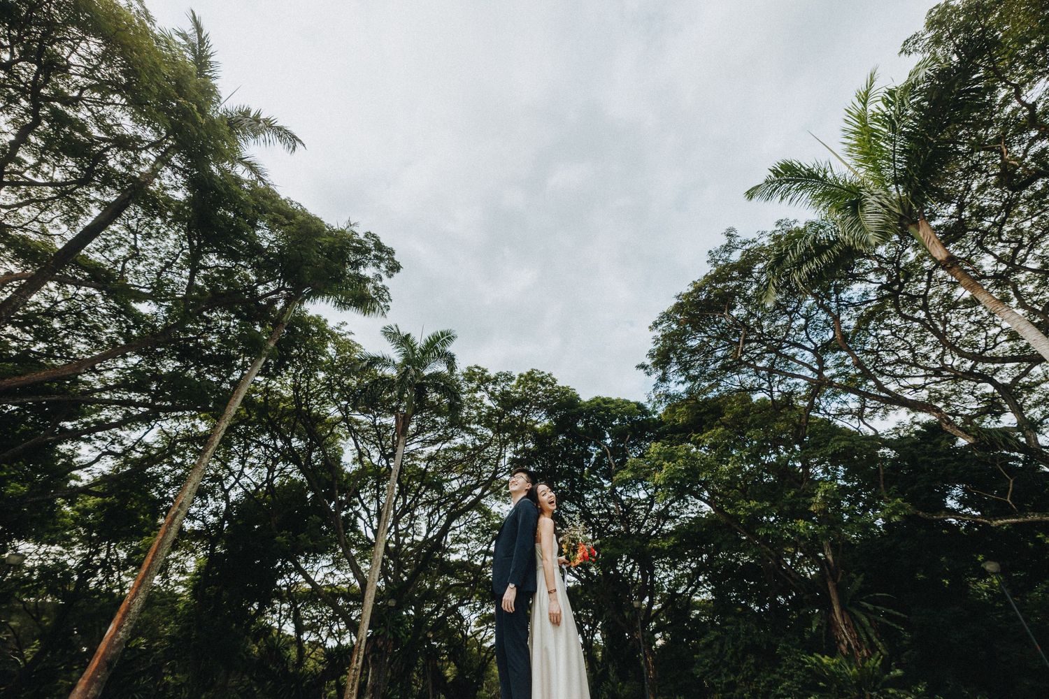 A wedding couple stands between tall trees in a lush forest setting under an overcast sky.