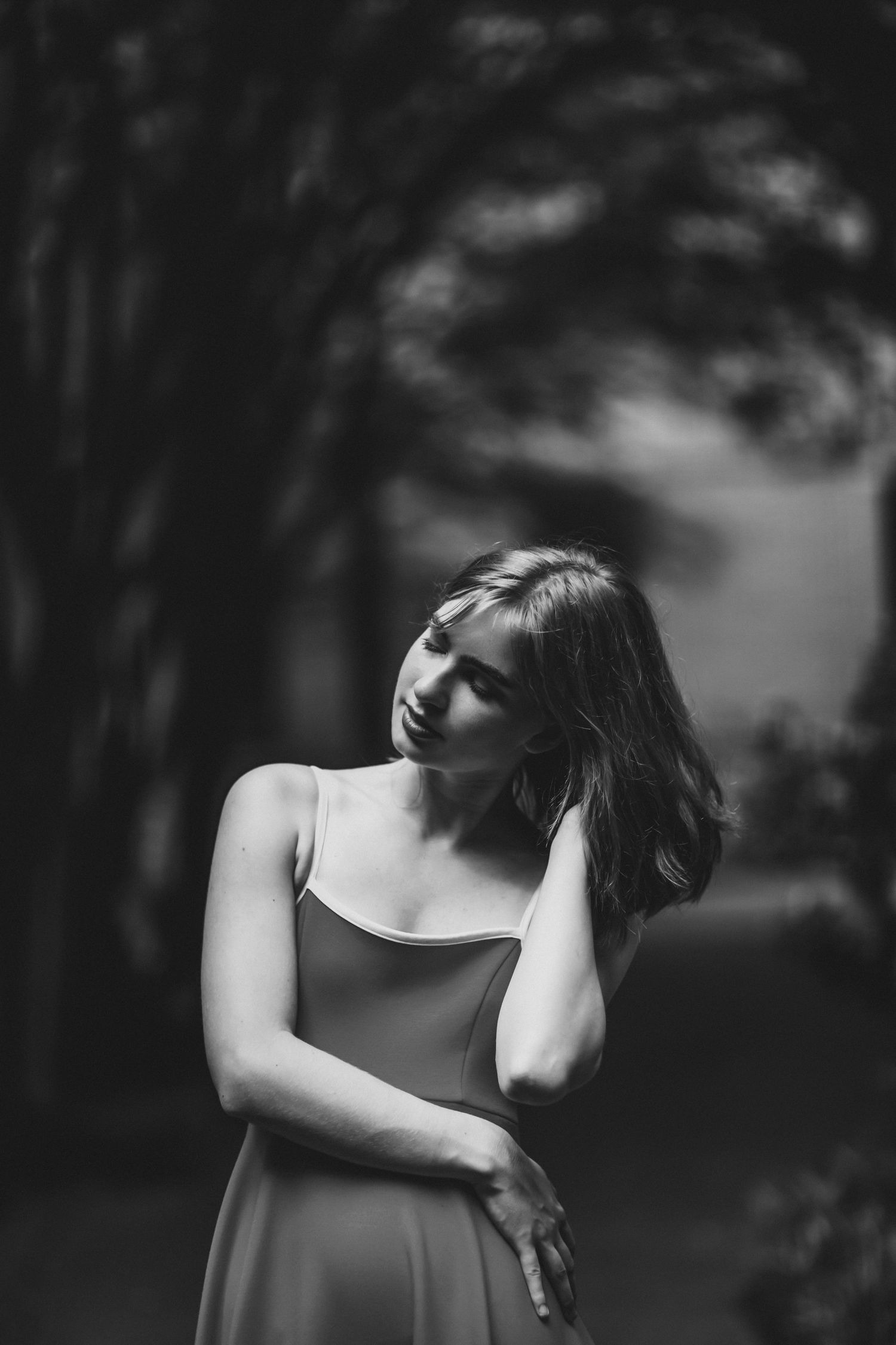 Moody black and white high school senior portrait in Charleston SC