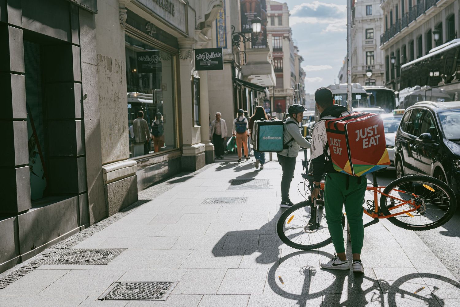 A bicycle food delivery driver in Madrid, Spain