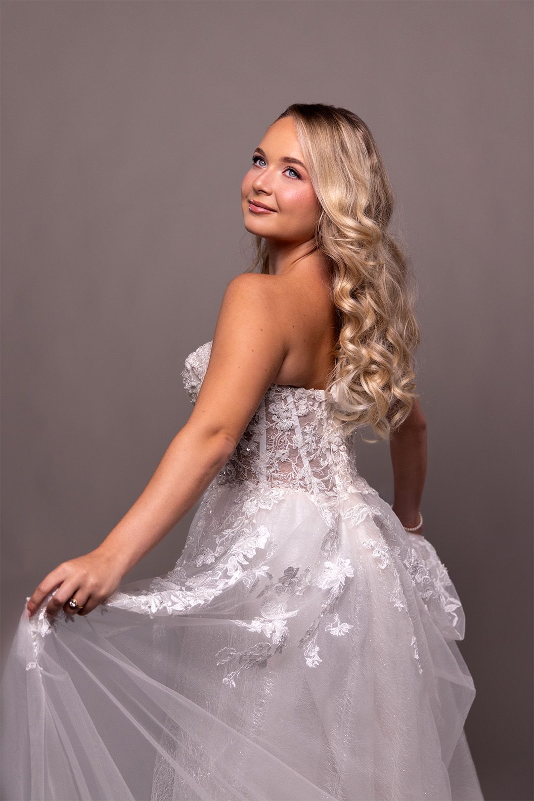 Studio bridal fashion portrait photography session in Darwin featuring elegant dress styling captured by Julie Françoise Imagery