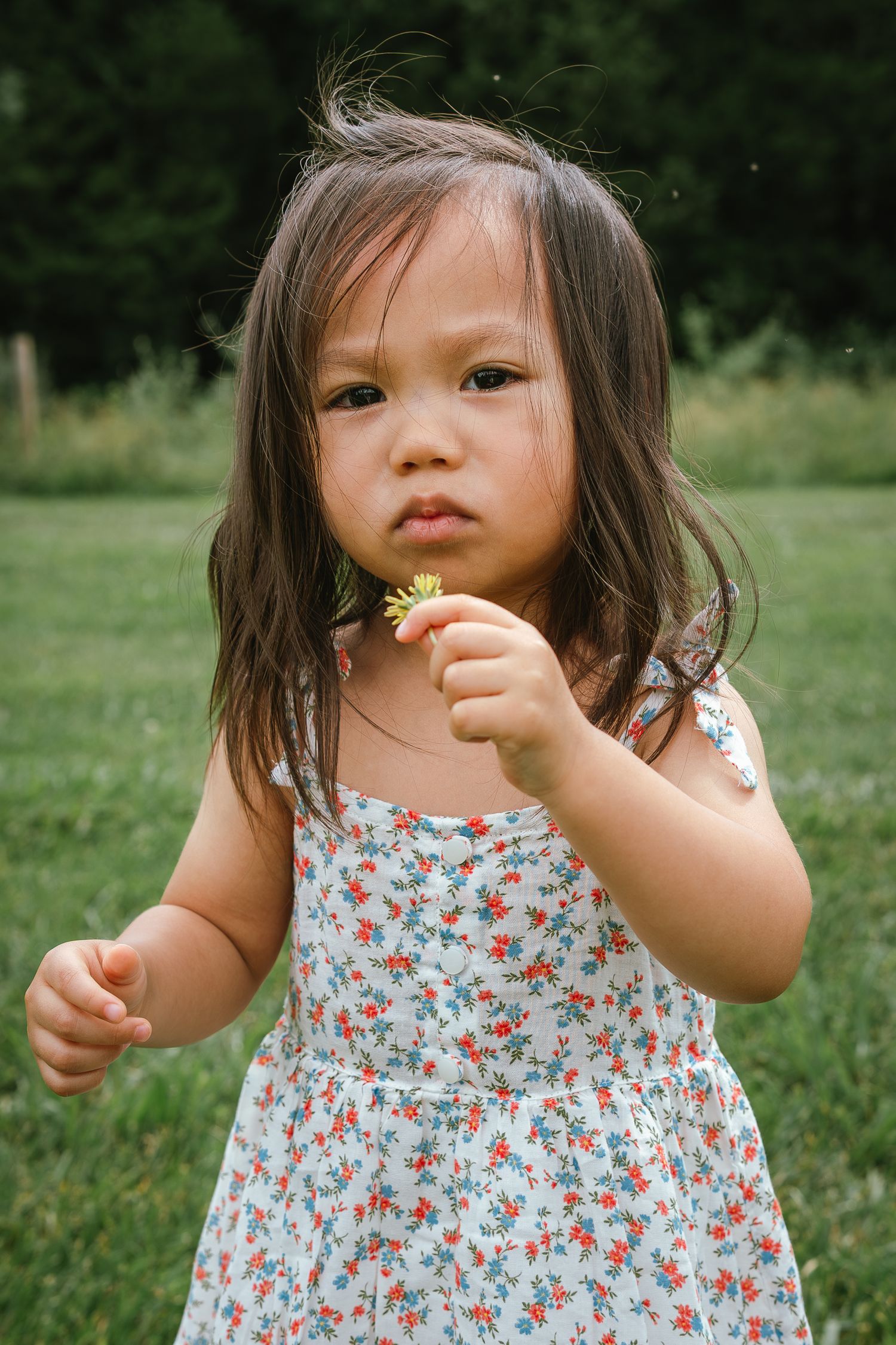 Child in floral dress explores outdoors in sequential photos.