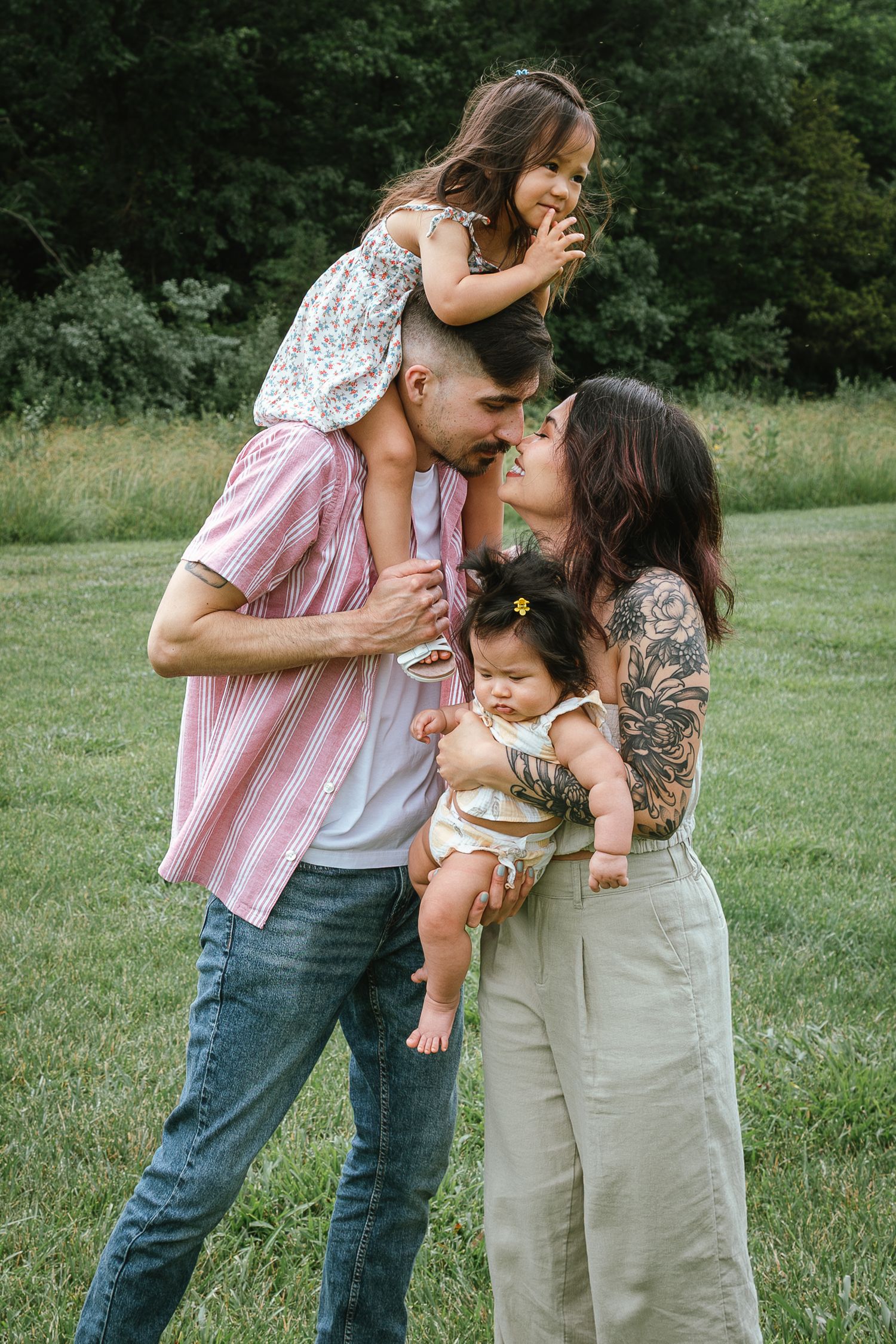 Candid family moments captured in sequence on a summer day in the park.