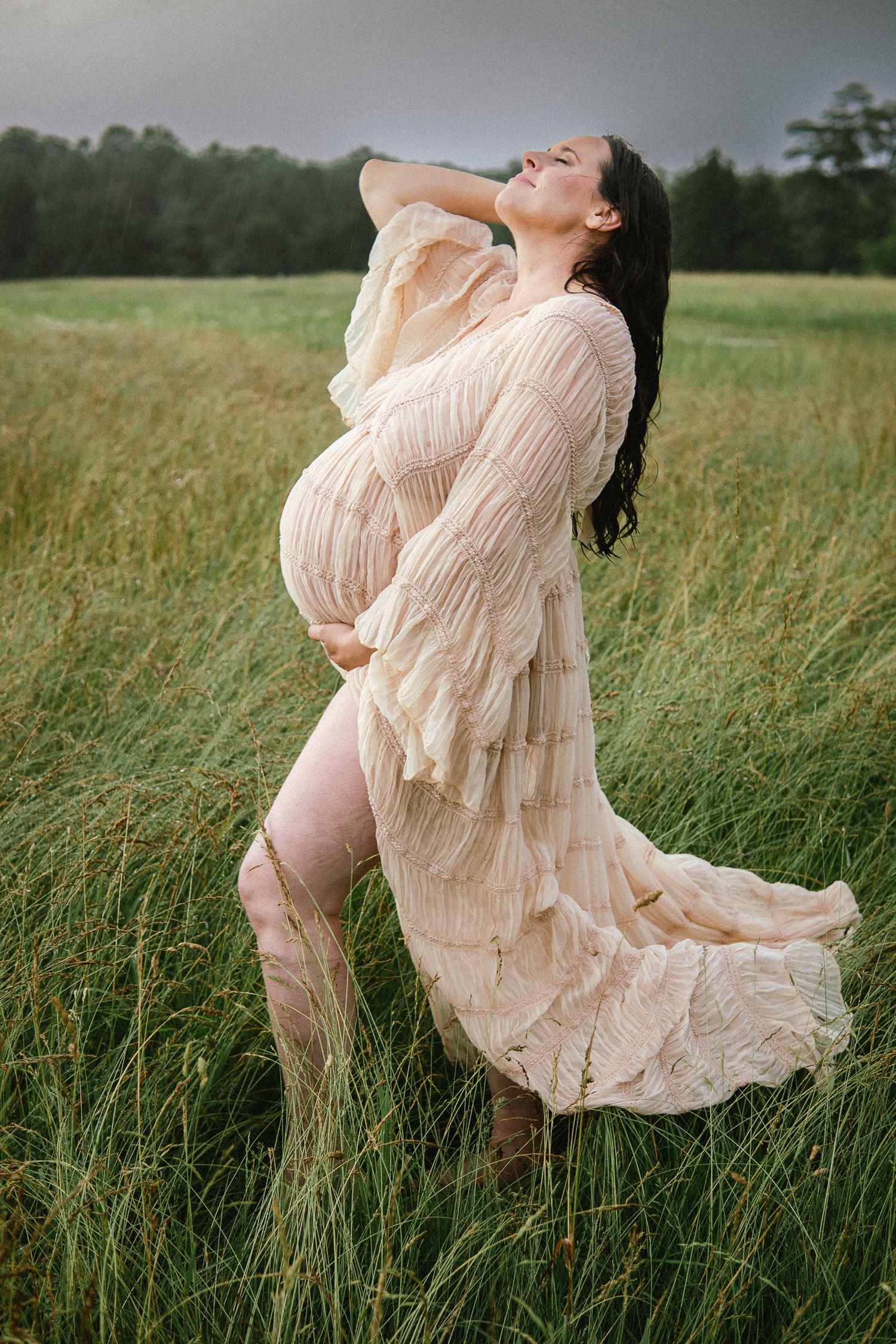 A dramatic maternity photo shows a flowing champagne dress billowing in a golden field.