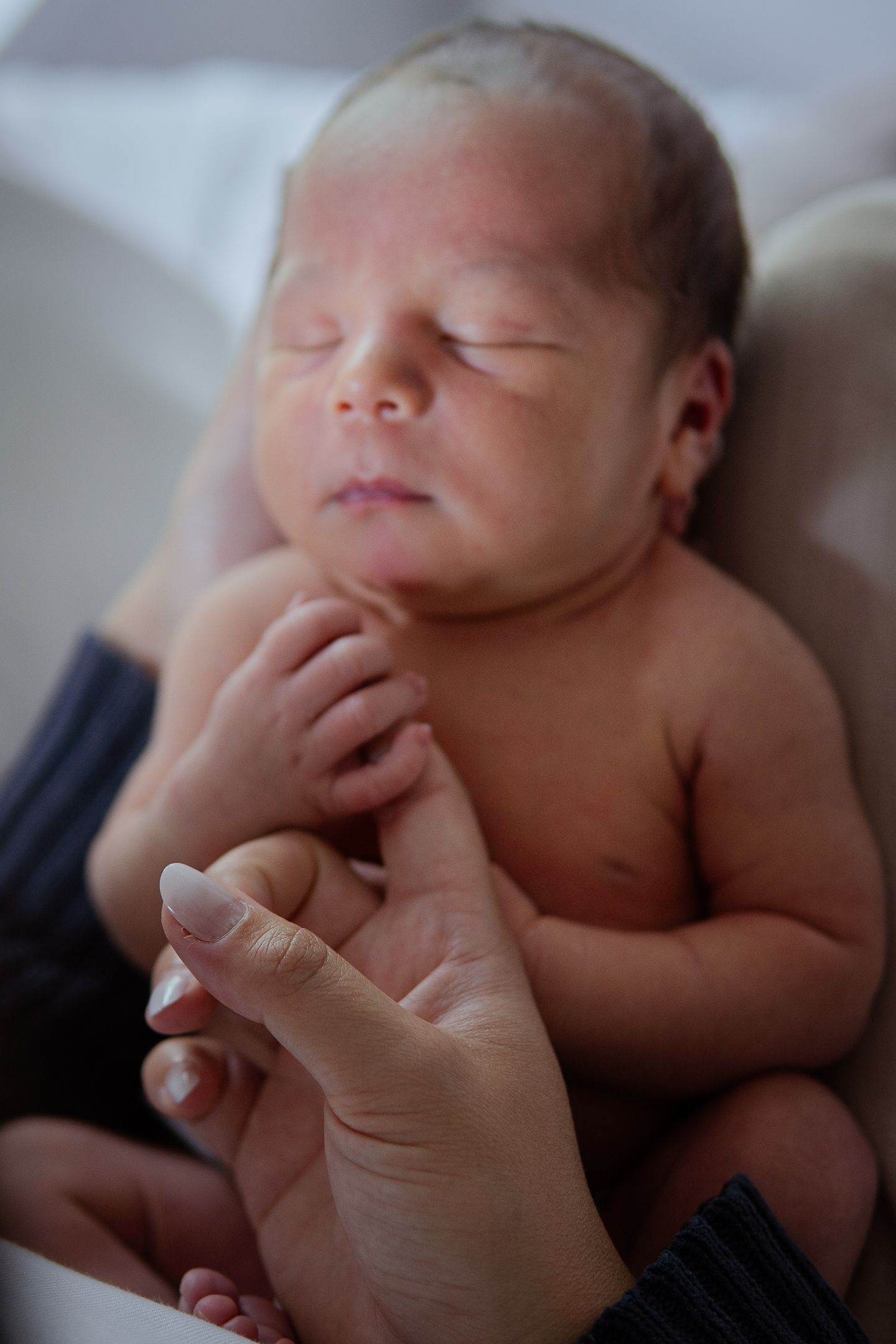 Peaceful sleeping newborn with tiny hand reaching out from dark knit blanket.