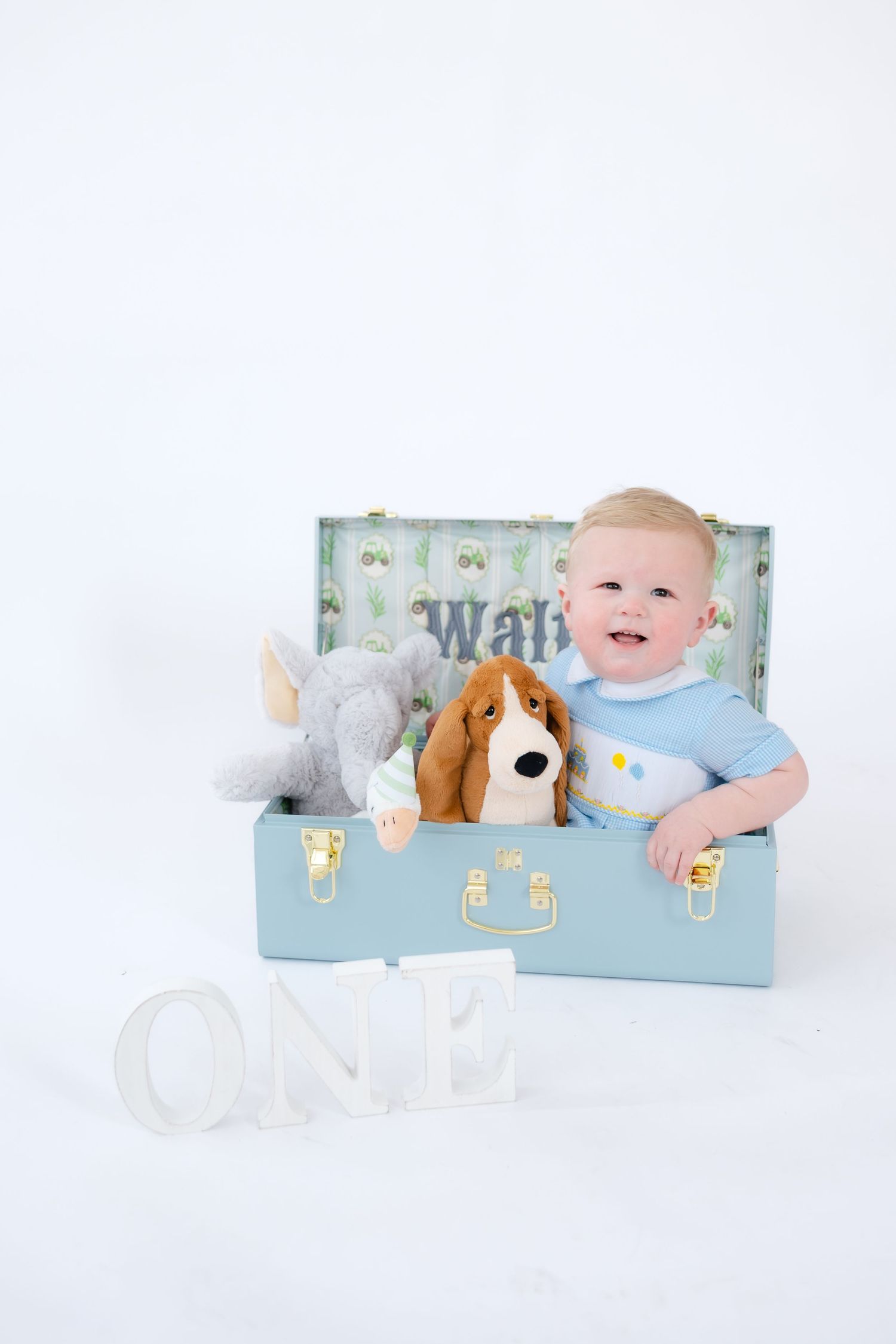 Baby in light blue outfit lies on matching blue storage bench with plush toys and stuffed animals.