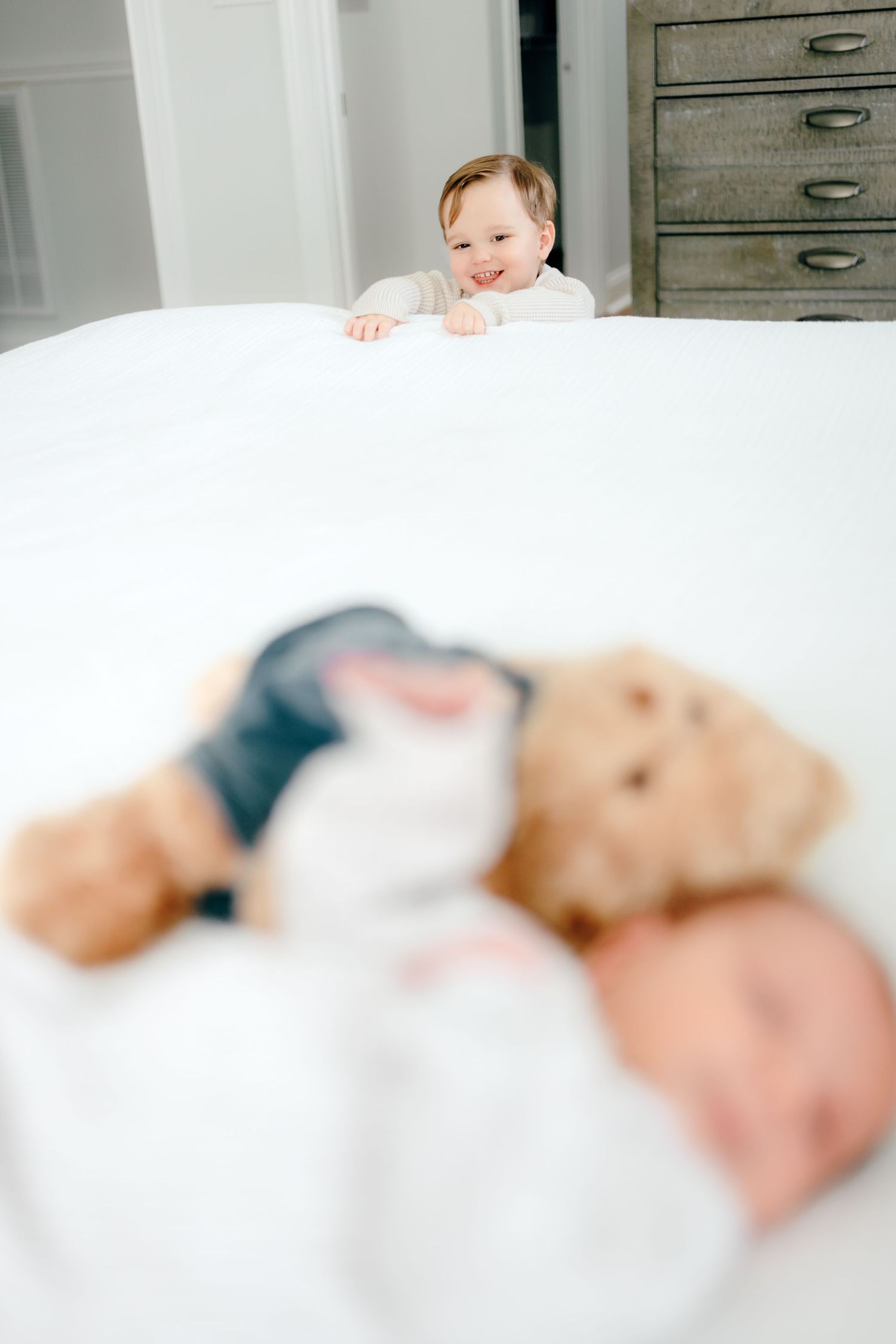Soft focus lifestyle photos in bright white bedroom setting.