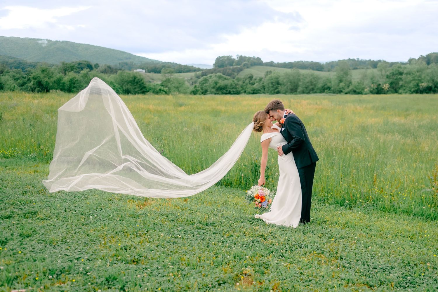Panoramic view of wedding couple in expansive mountain meadow with flowing veil.