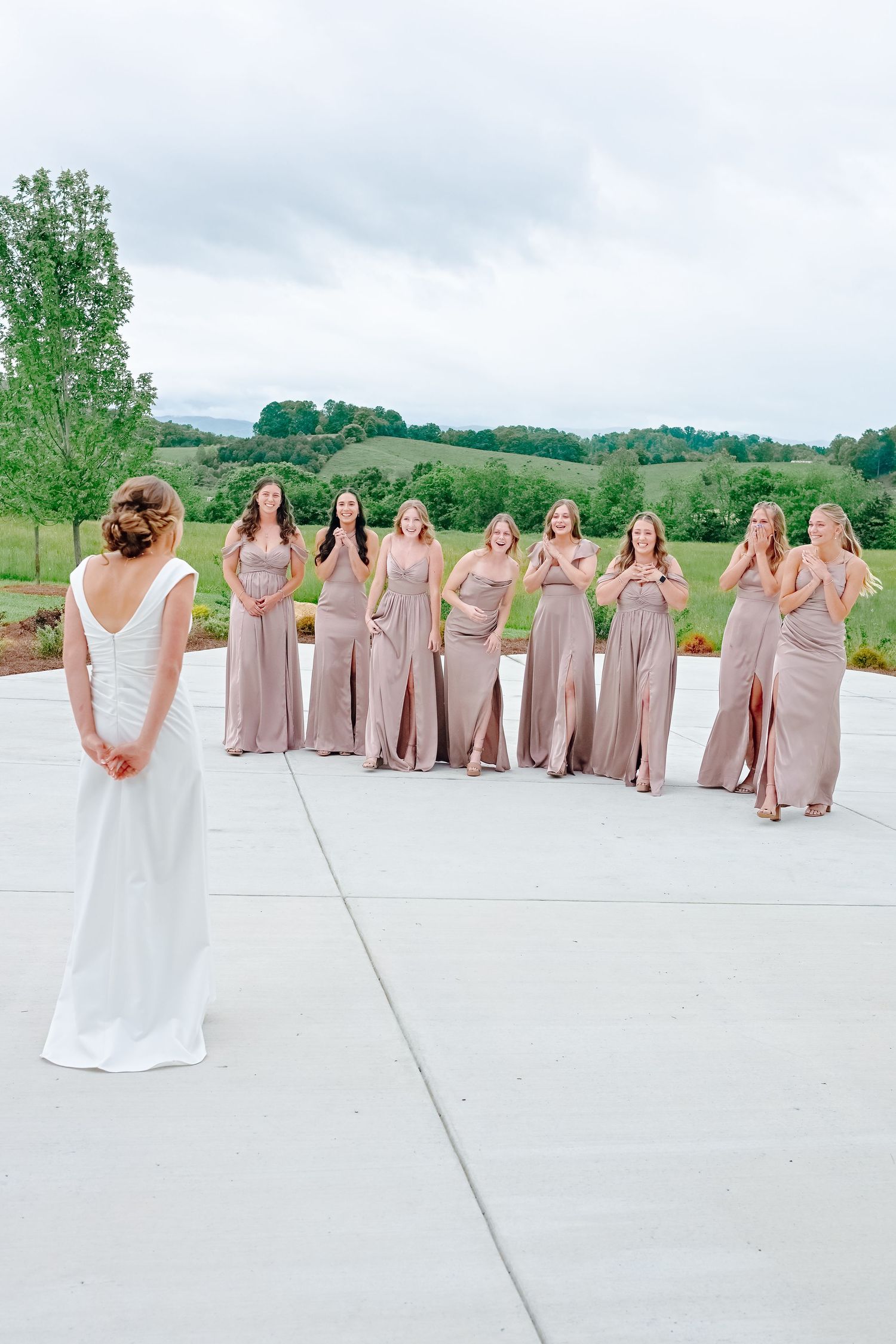 Bridesmaids in blush dresses line up for a creative photo on a concrete patio with rolling hills in background.