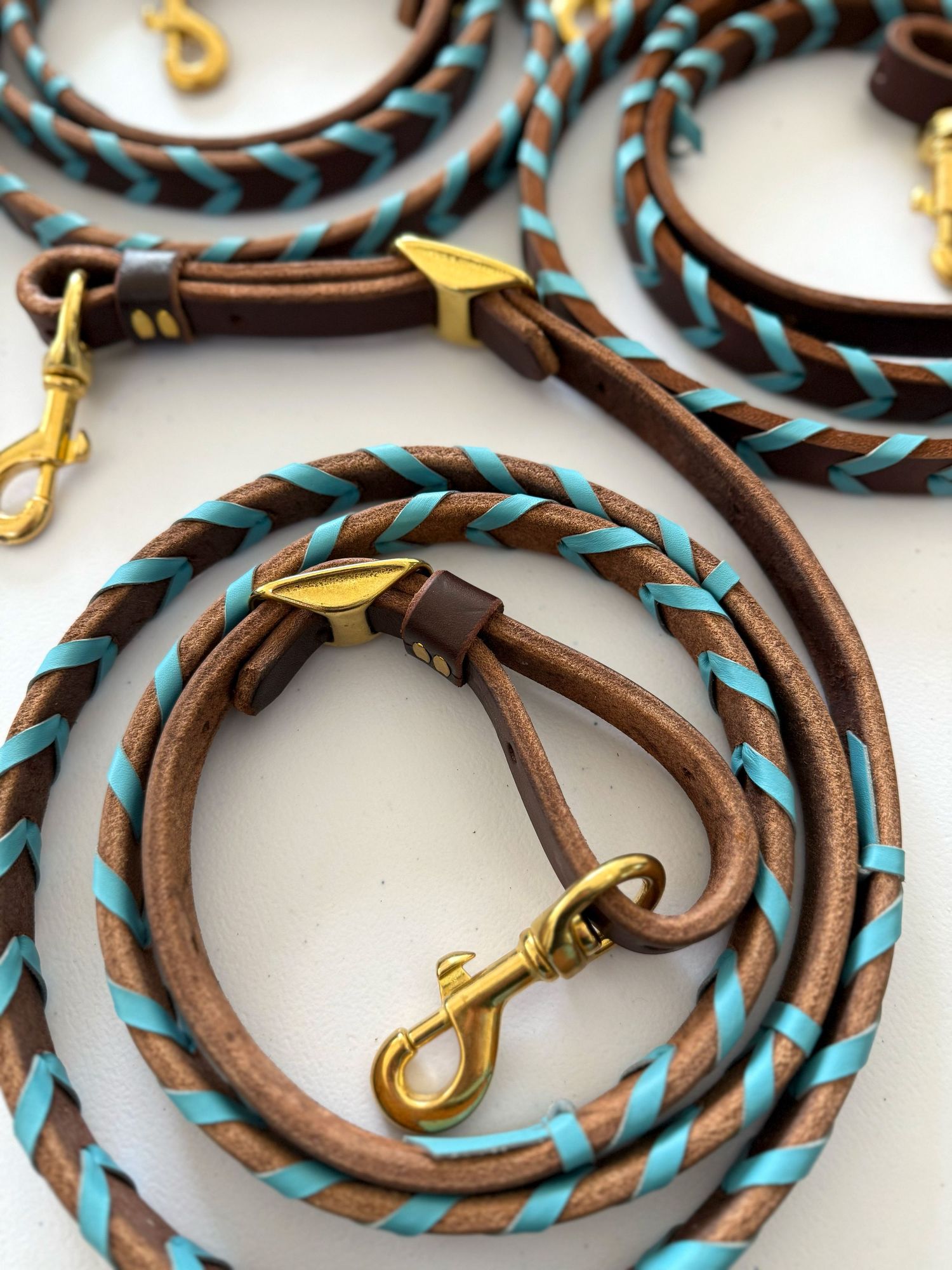 Hand-crafted brown leather dog leash with turquoise braided accent and brass hardware coiled on white surface.