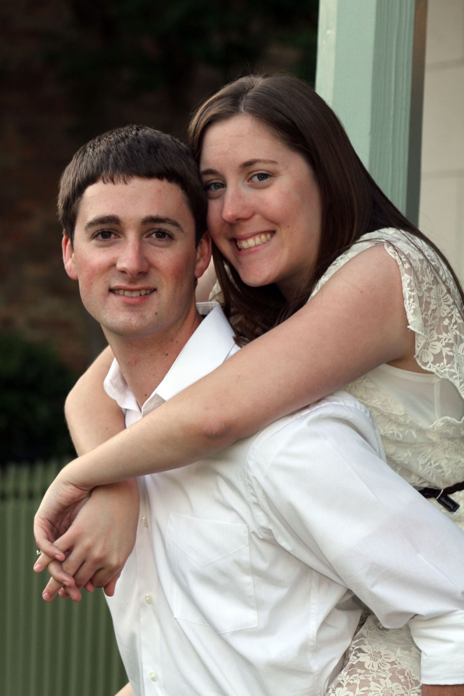 Series of romantic wedding portraits showing a couple embracing on an outdoor porch with green trim.