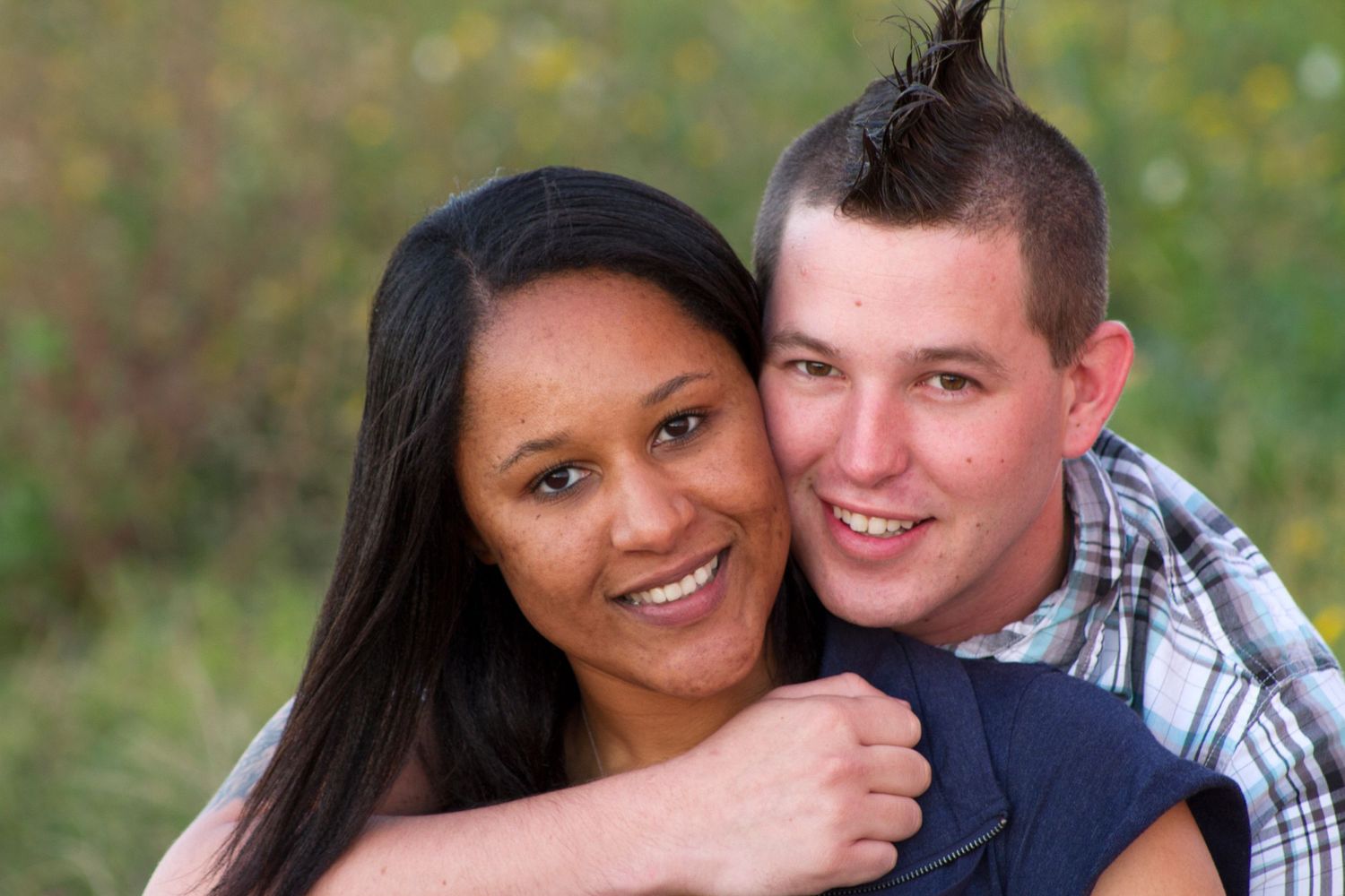 A series of romantic couple photos taken outdoors with a natural green background in summer.