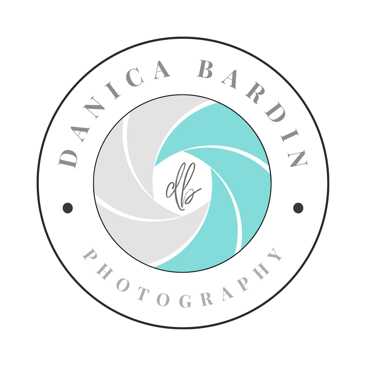 Collection of minimalist circular photography logos in turquoise and gray featuring stylized camera lens designs.