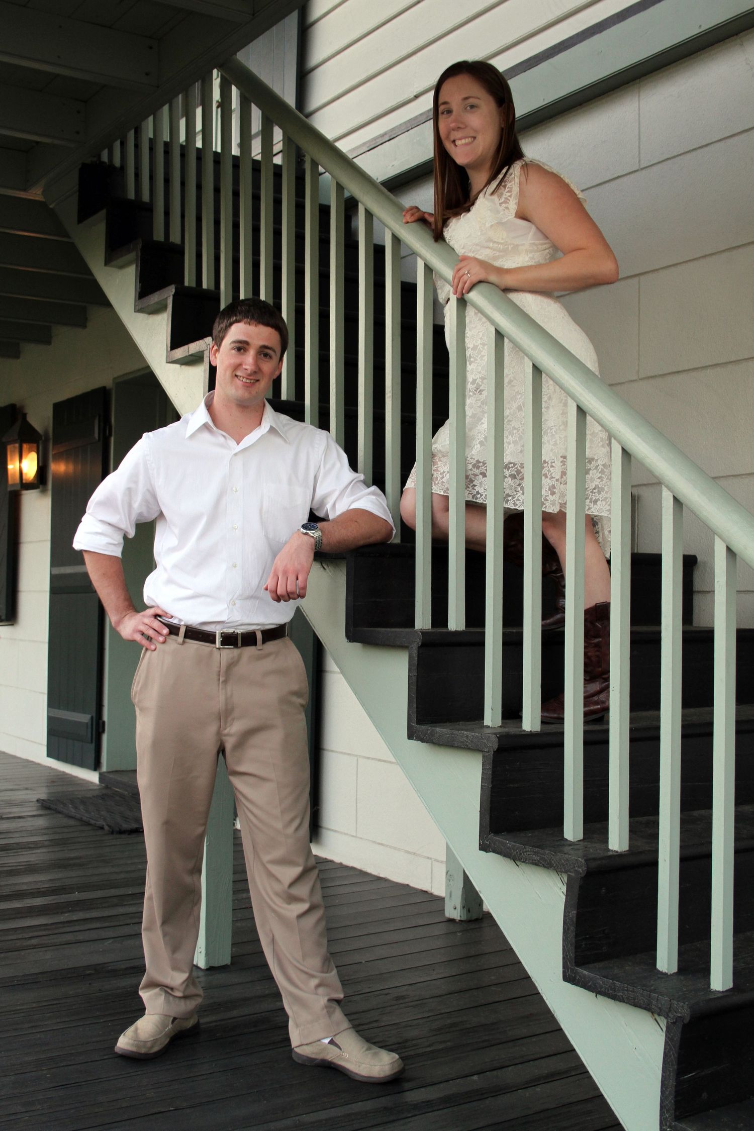 Playful sequence of wedding photos showing a couple standing on a porch with railing and white columns.