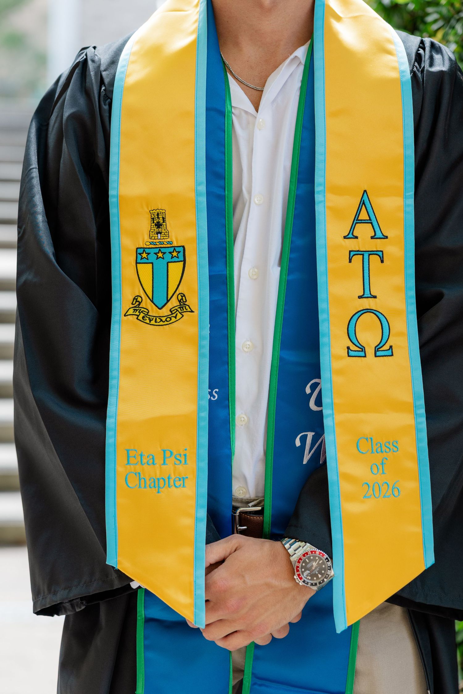 Alpha Tau Omega fraternity graduation stole, Eta Psi Chapter, Class of 2026, yellow and teal colors.