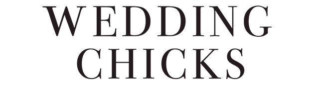 Three black and white text labels showing Wedding and Chicks with a decorative floral design between them.