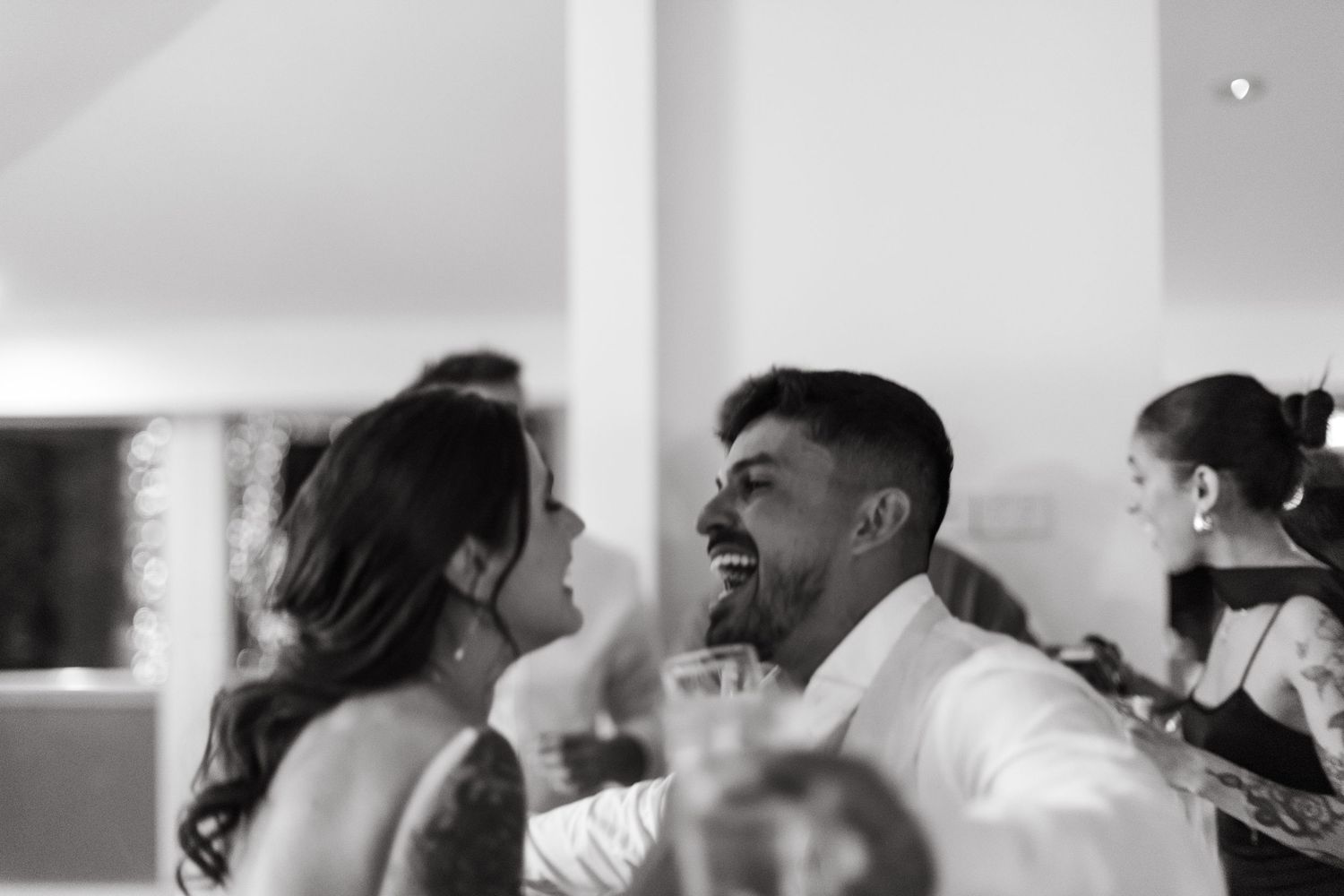 Multiple candid shots of guests enjoying themselves at a formal celebration.