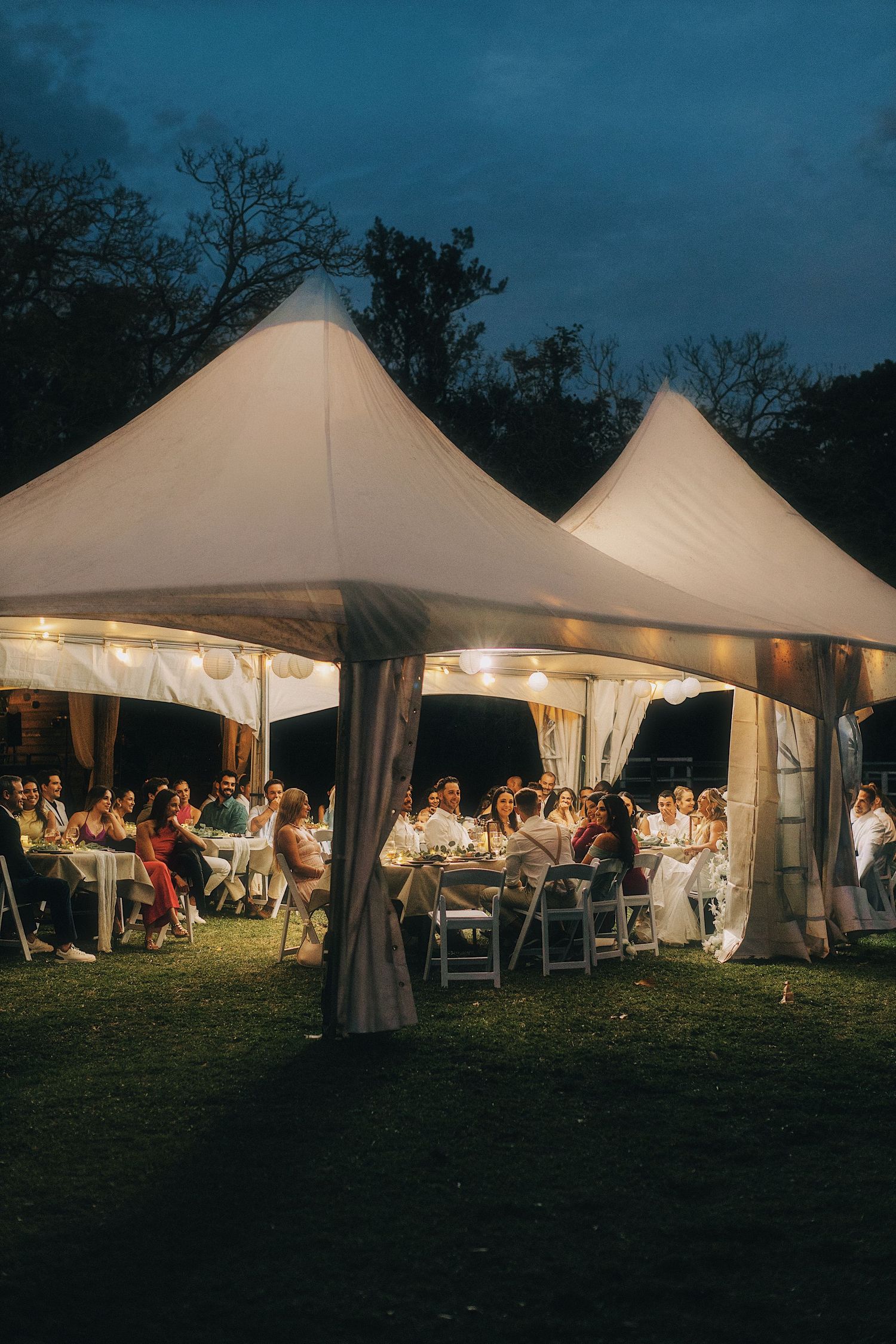 White wedding reception tents illuminated at dusk with guests dining inside.